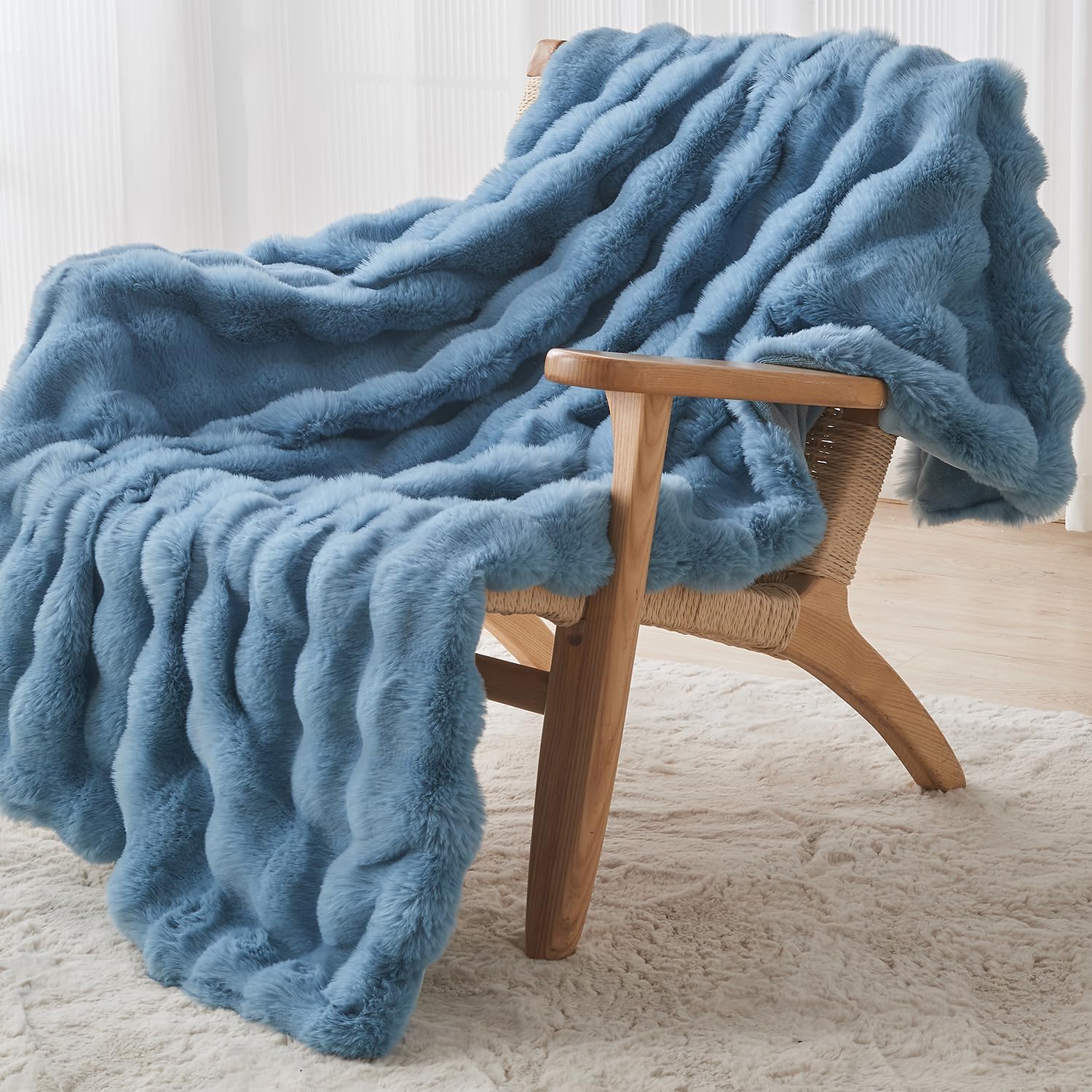 Lotus Karen Faux Fur Throw Blanket Sky Blue - Big Bubble Rabbit Fluff Blanket for Couch Bed Sofa,Softest Fluffy Fuzzy Cozy Blanket,Thick Furry Plush Shaggy Warm Blankets for Women,60x80 Inches - Image 3