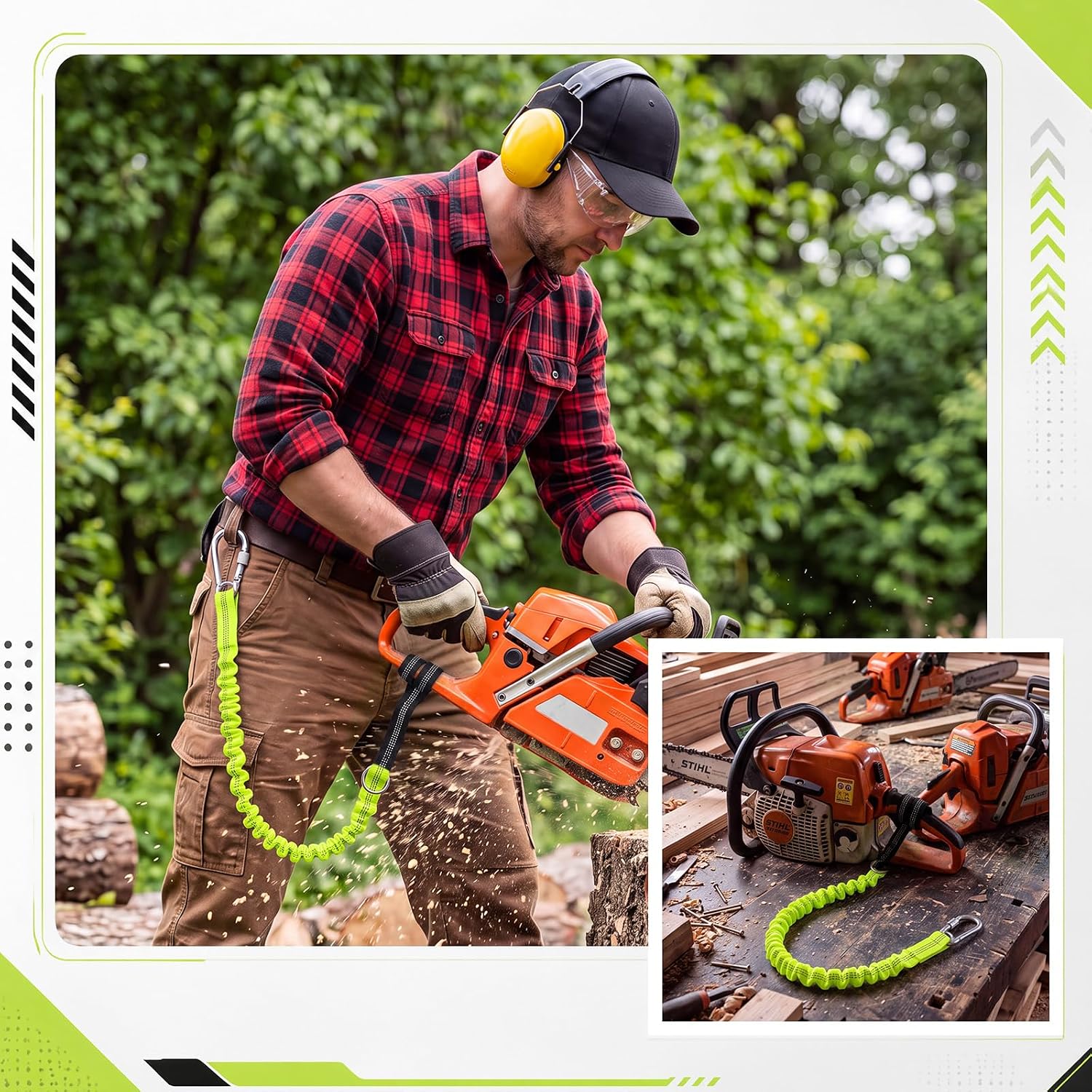 LEIFIDE 3 Pack Chainsaw Lanyard with Carabiner and Loop End, Green