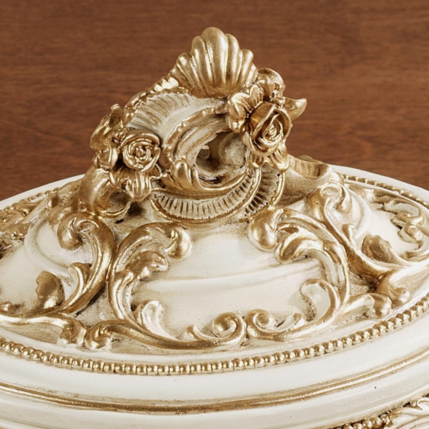 Touch of Class Oliviana Covered Box - Resin - Ivory, Gold - Victorian Style - Acanthus Leaves - Vintage Decor for Jewelry, Trinkets, Keys - Place in Bedroom, Bathroom, Foyer, Entryway