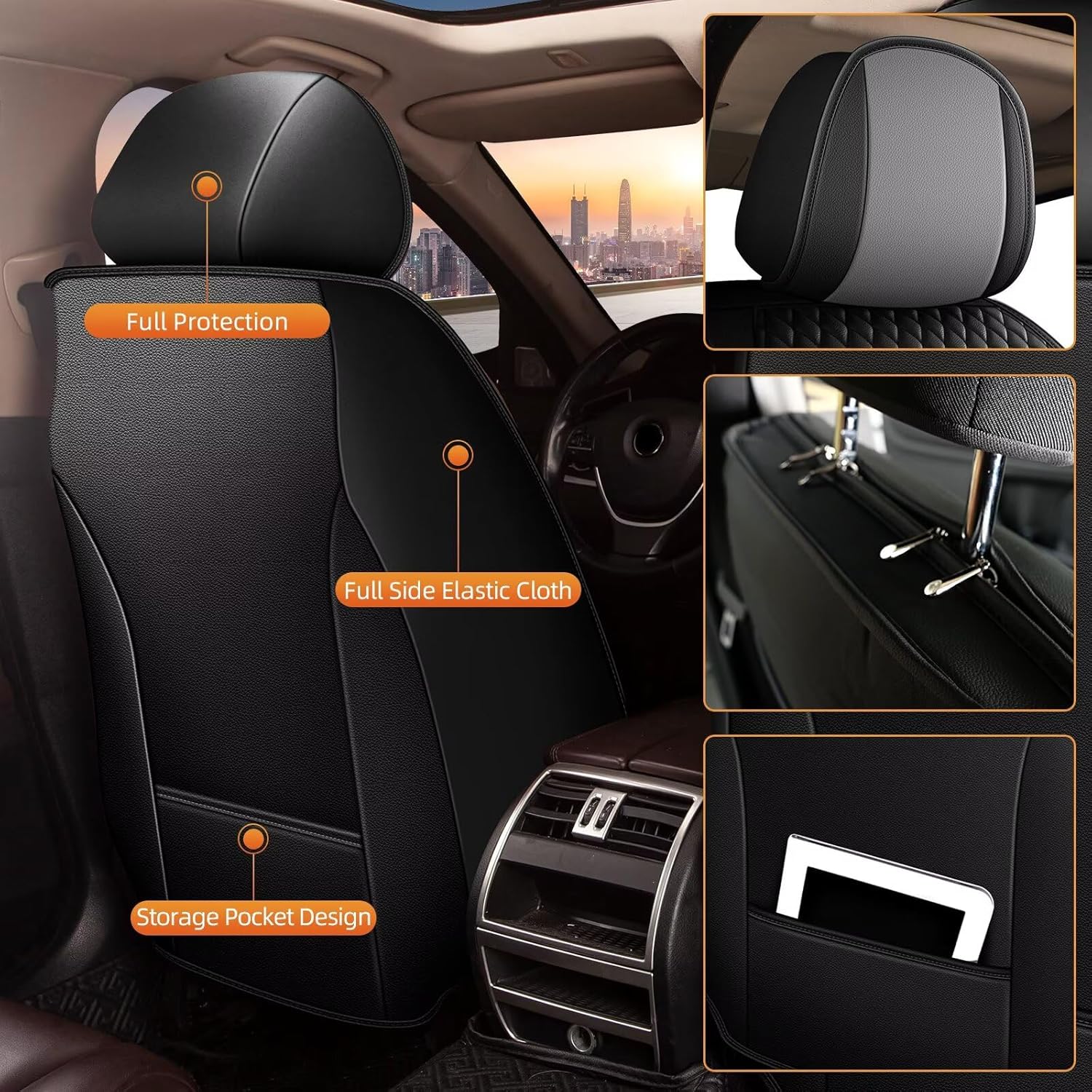 AOMSAZTO Car Seat Cover Fit for Ford Focus 2009-2018 Leather Vehicle Cushions Cover Seat Protector Automotive Full Set 5 Seat Covers Waterproof Compatible Airbag Black&Gray