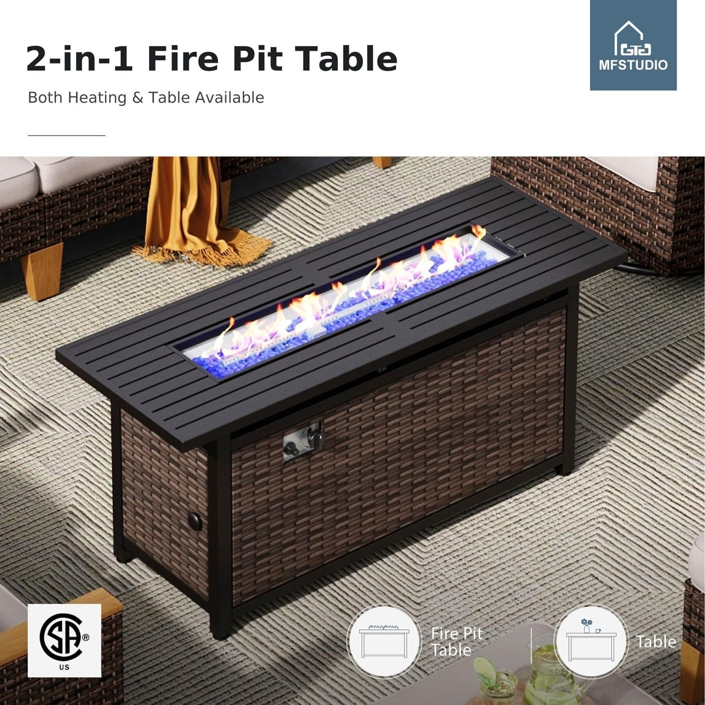 MFSTUDIO 9 Piece Swivel Glider Patio Furniture Sets with 56" Fire Pit Table, All-Weather PE Rattan Outdoor Sectional Sofas Oversized Wicker Patio Conversation Set with 50000 BTU Fire Pit, Beige