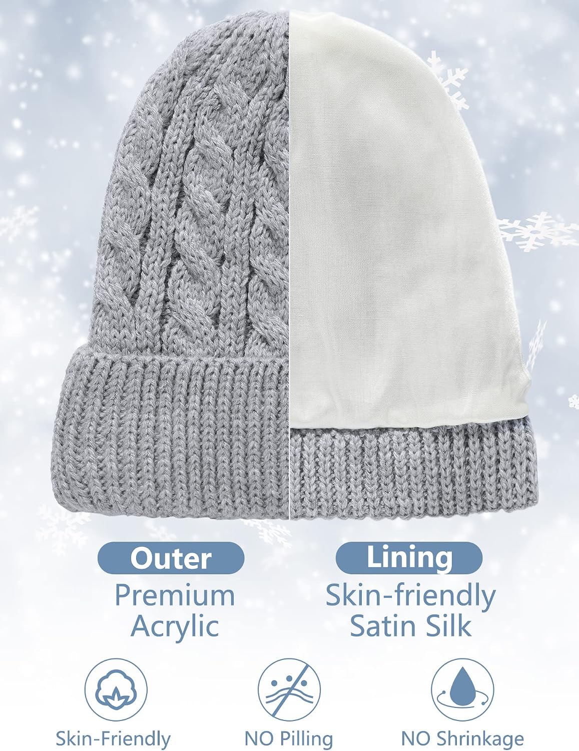 3 Pieces Kids Satin Lined Knit Beanies Winter Hat Child Warm Ski Skull Caps for Girls Boys Baby Toddlers 3-12 Years