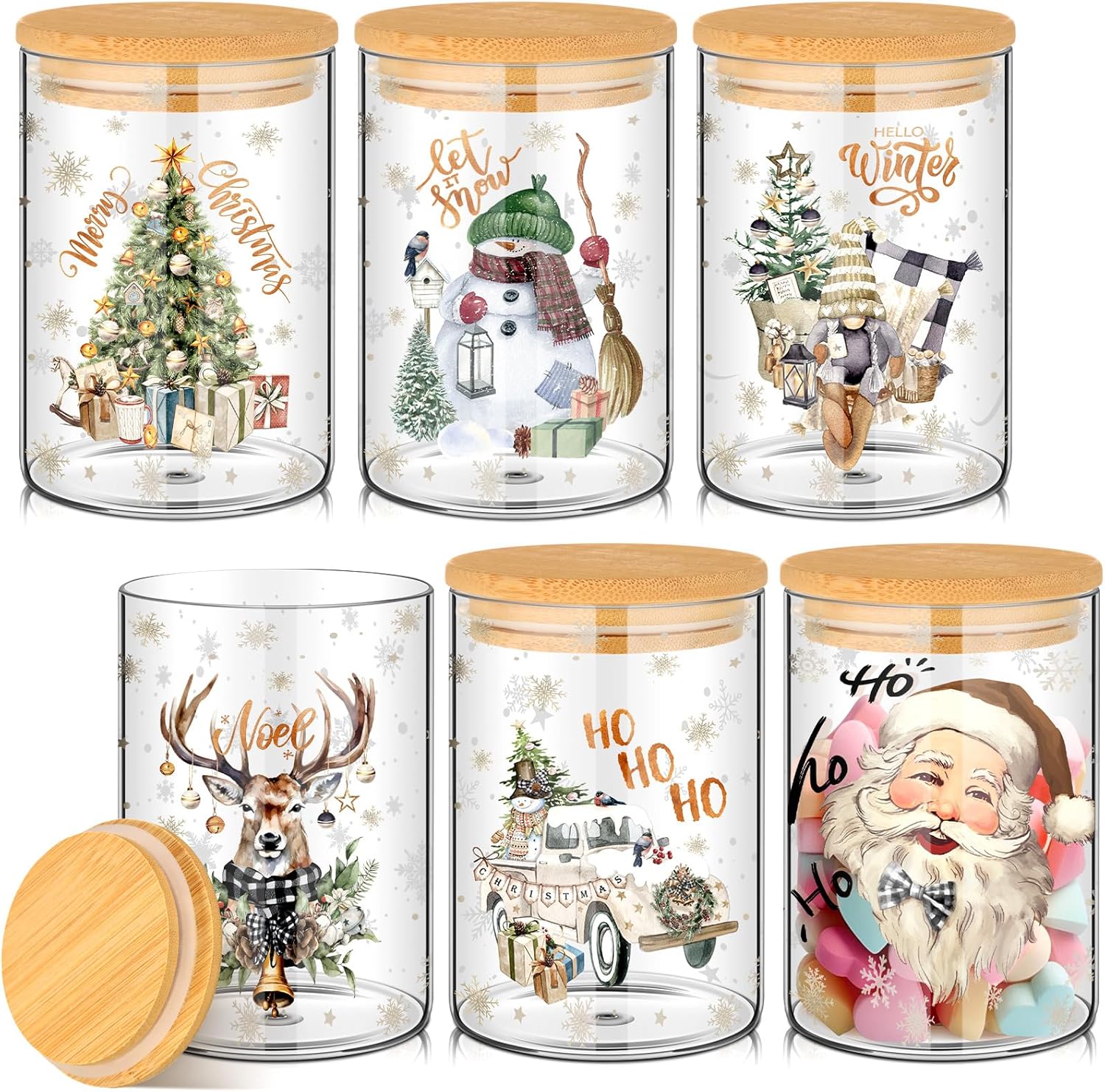 6 Pcs Christmas Glass Storage Jar with Airtight Bamboo Lid Neutral Christmas Tree Canister Sets Truck Santa Cookie Jars Snowman Clear Candy Storage 19oz for Kitchen Containers Countertop Decoration