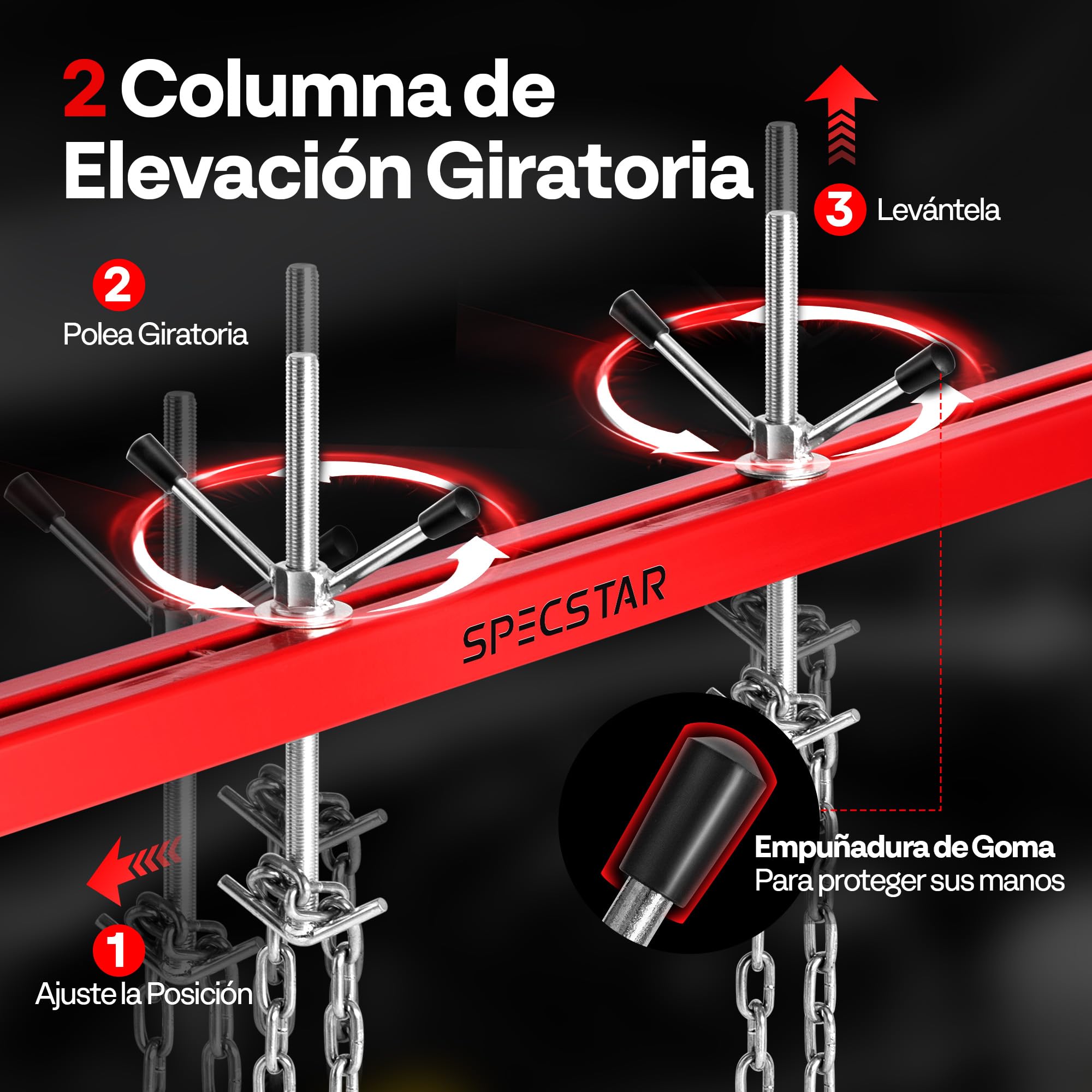 SPECSTAR Barra de Soporte de Motor 500 kg Travesaño para Motor y Transmisión | Ajustable 53,3–144,8 cm, Elevación de Doble Punto con Ganchos Dobles, Rotación 360° con Soporte de 2 Puntos y Ganchos Dobles