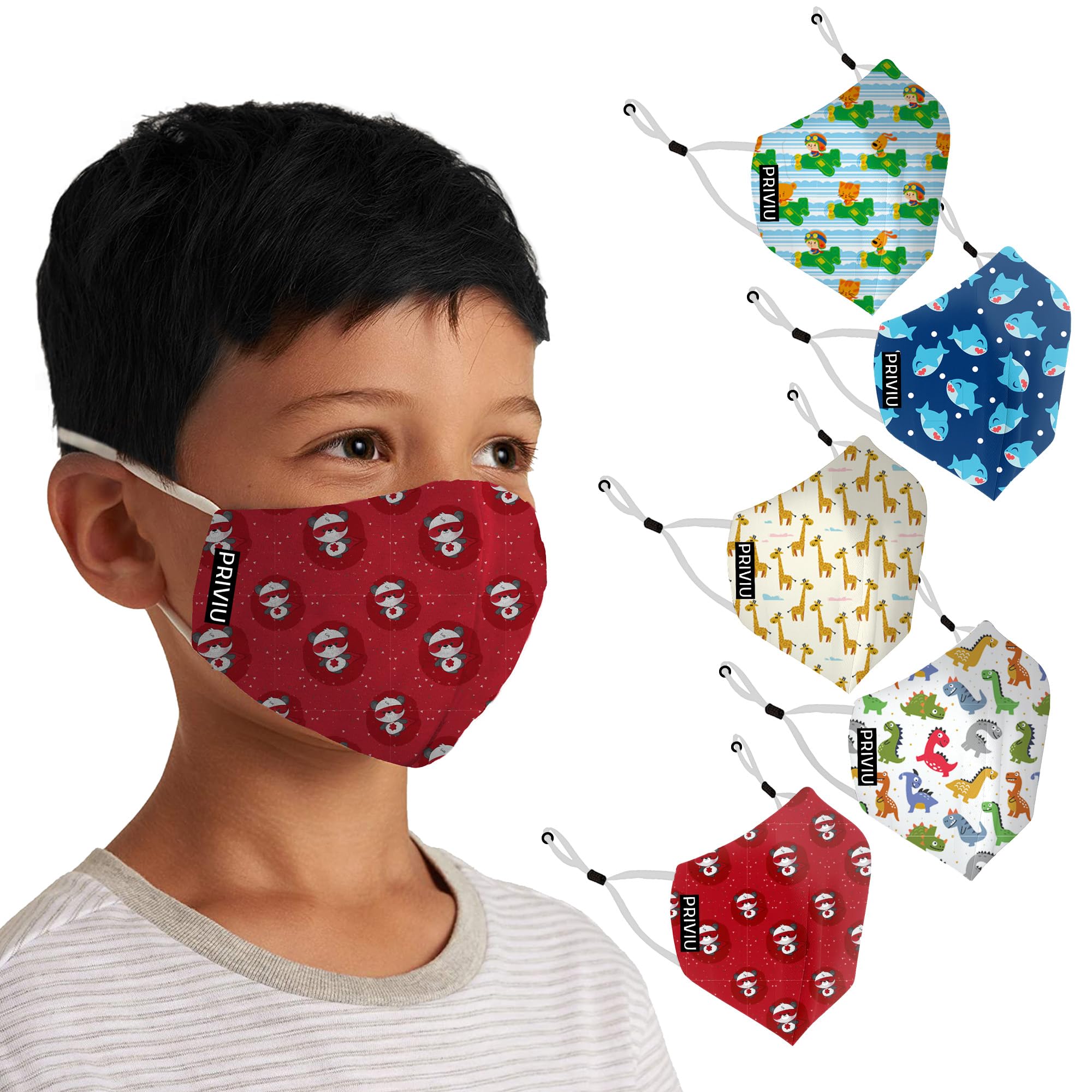 Masks for Boys and Girls 3 to 6 Years, Washable Reusable, Comfortable Pollution Face Mask with Adjustable Ear Loop, 4 Layer with Pure Cotton Inner Cloth, Pack of 5