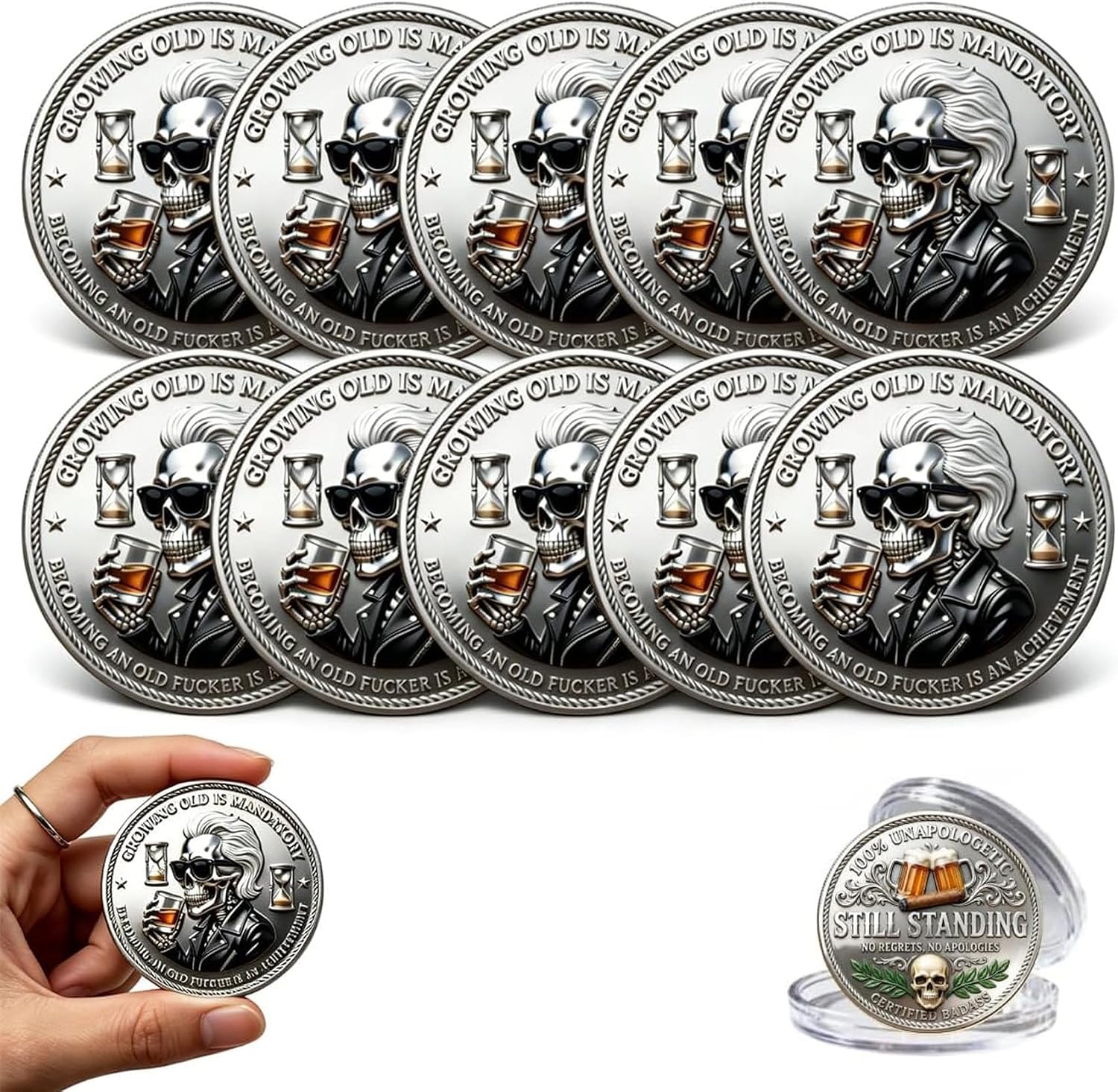 The Old F*cker Achievement Coin, Growing Old is Mandatory Commemorative Coin, Still Standing Double-Sided Older Fuckers Club – Lifetime Member Challenge Coins, Inspiration Gifts for Men Women (10PCs)