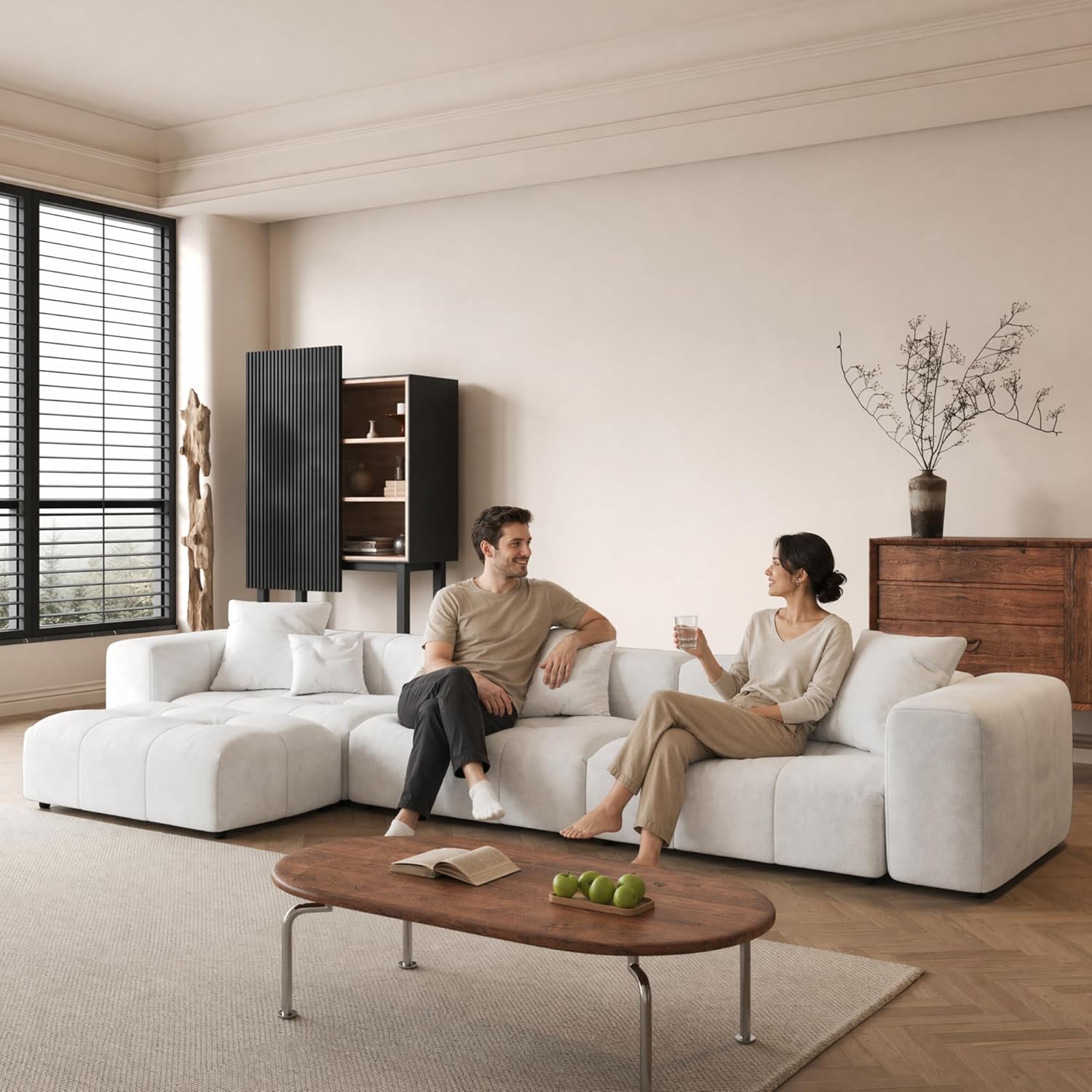 104" Love Seat Couch, Modular Sectional Sofa Cloud Couch with Deep Seats, Breathable Linen Fabric Sectional Couches for Living Room/Bedroom/Apartment, Simple Assembly, White