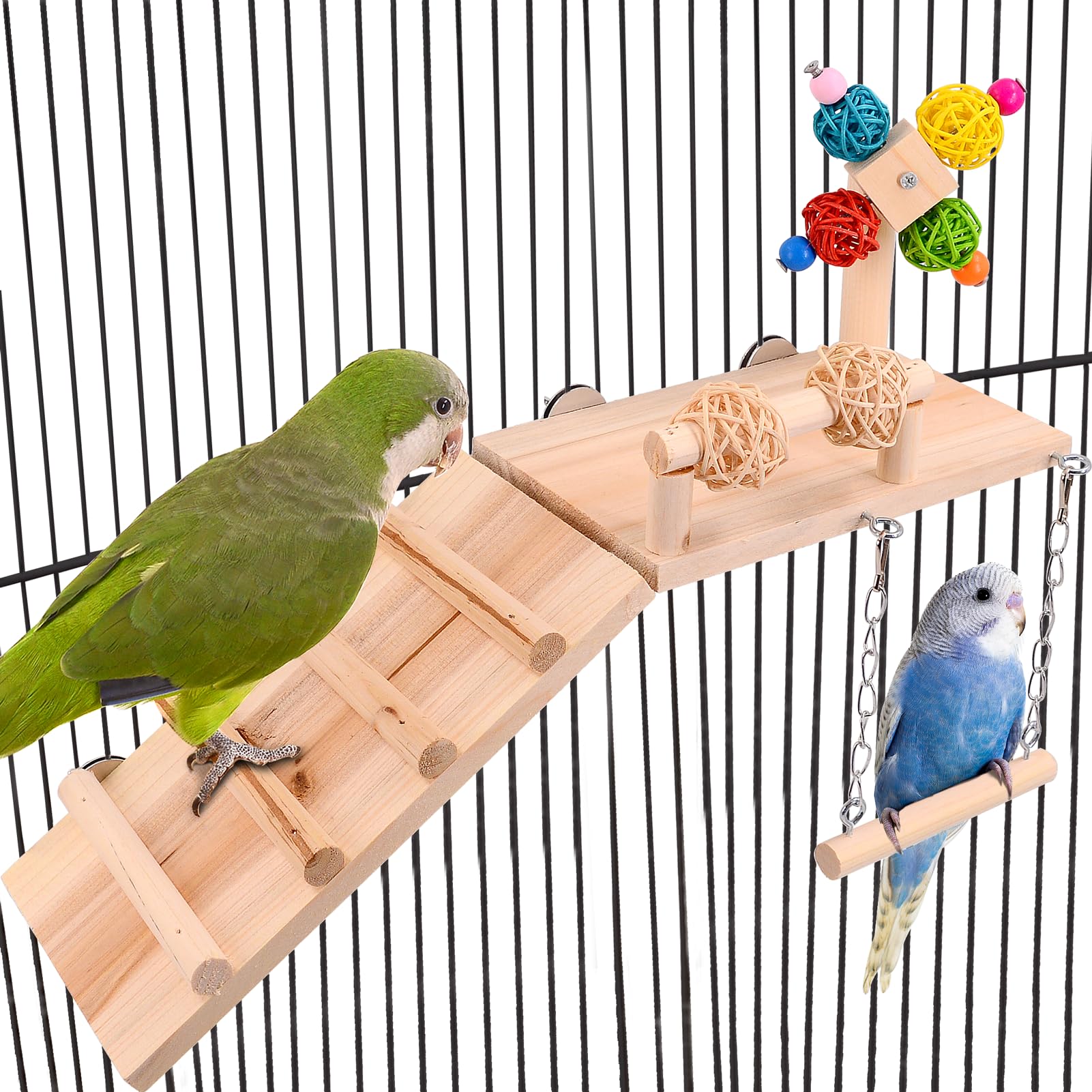 Bird Perch for Cage, Bird Parakeet Cage Accessories, 4 in 1 Bird Swing Platform Chewing Toys, Made of Wood