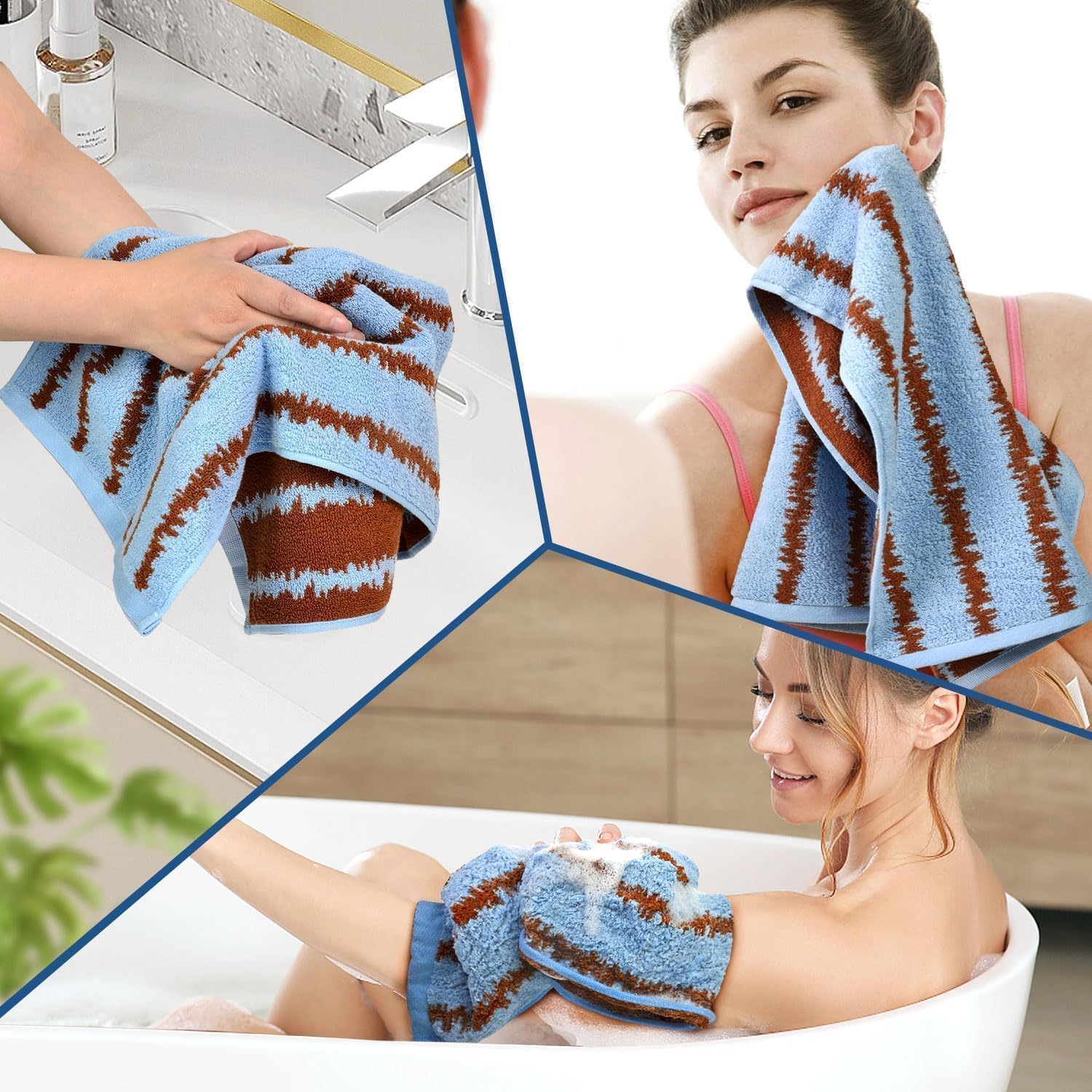 Cleanbear Blue Hand Towels for Bathroom, 4 Pack 100% Cotton Soft, Quick Dry & Lightweight Face Towels, 13.5"x28", Zigzag Stripes, Absorbent Cotton Towels for Home & Travel Use - Image 7