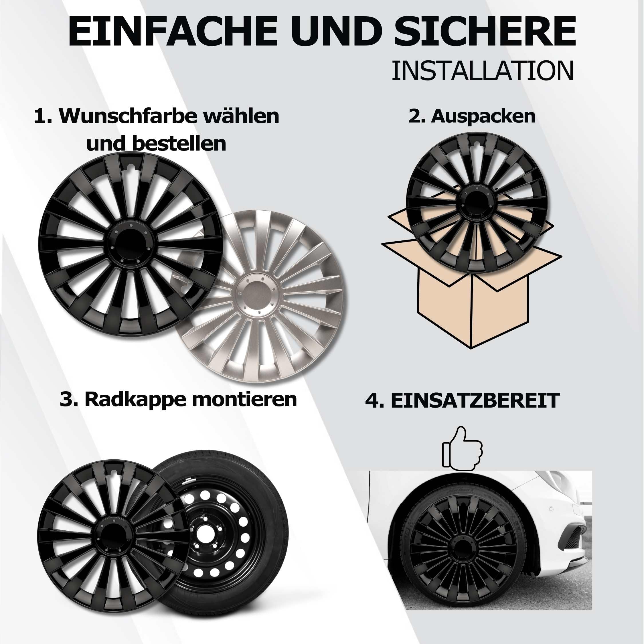 Radkappen 16 Zoll Schwarz Radzierblenden 4er-Set Meridi für Stahlfelgen | Zierkappen, Radblenden & Felgenabdeckung, rostfrei & witterungsbeständig, einfache Clip-Montage, für die meisten Automarken