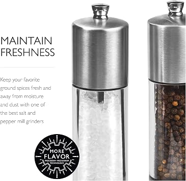Cole & Mason Everyday Salt & Pepper Mill Gift Set - Filled Salt & Pepper Grinders - Refillable & Adjustable Mill Set - Acrylic & Stainless Steel Salt & Pepper Grinders - Hand Wash - Stainless Steel