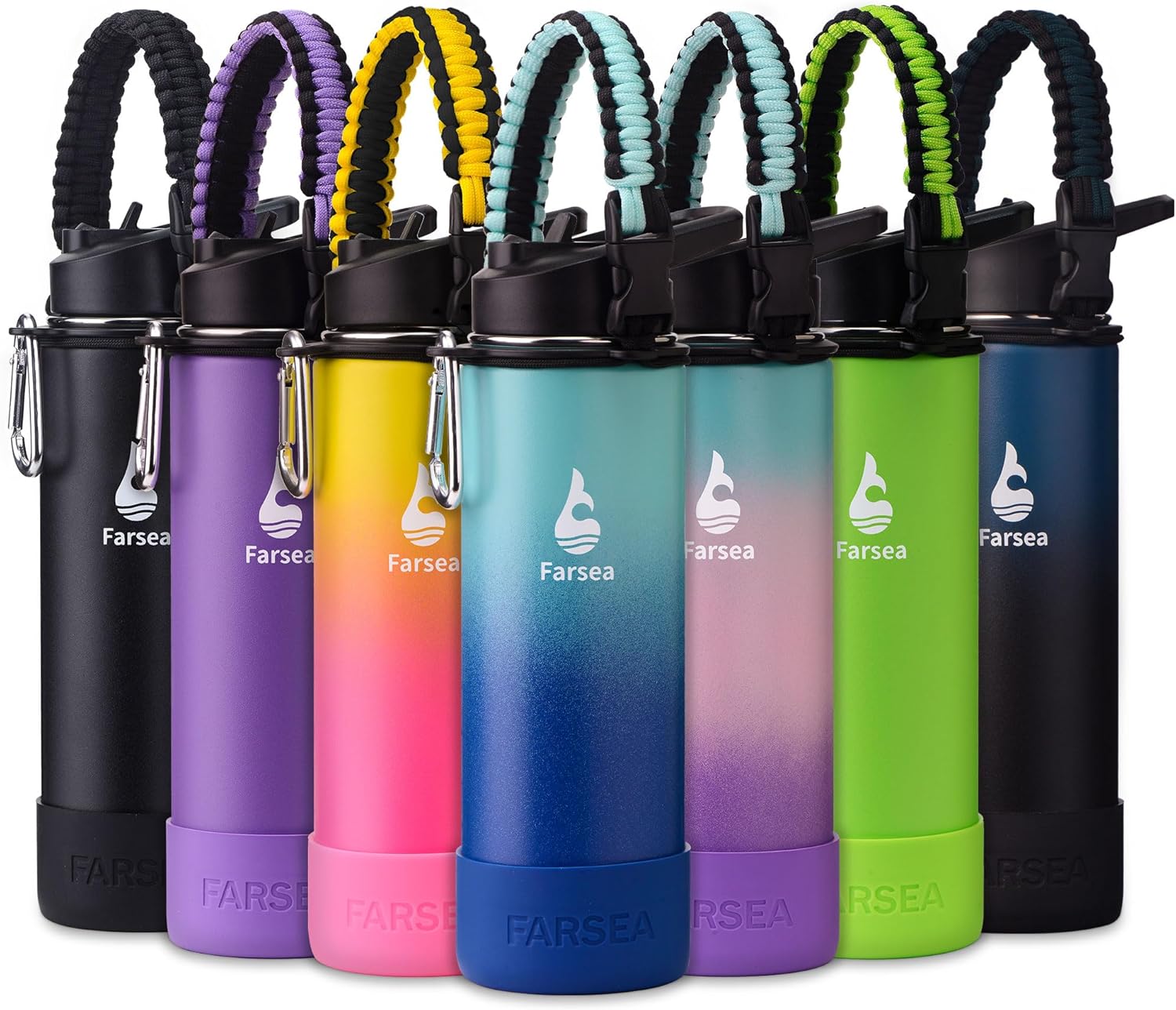 Farsea Insulated Water Bottle With Paracord Handle, Protective Boot and 2 Lids (Straw Lid & Spout Lid), Stainless Steel Water Bottle Wide Mouth, Double Wall Sweat-Proof BPA-Free, 24 oz
