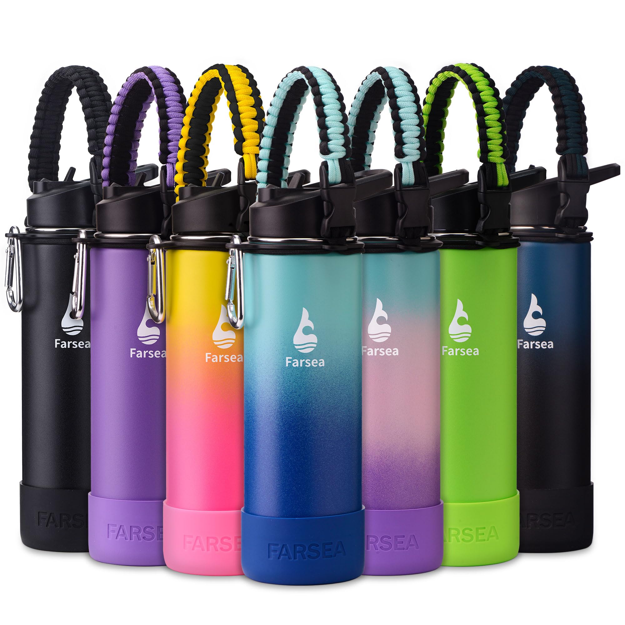 Farsea Insulated Water Bottle With Paracord Handle, Protective Boot and 2 Lids (Straw Lid & Spout Lid), Stainless Steel Water Bottle Wide Mouth,