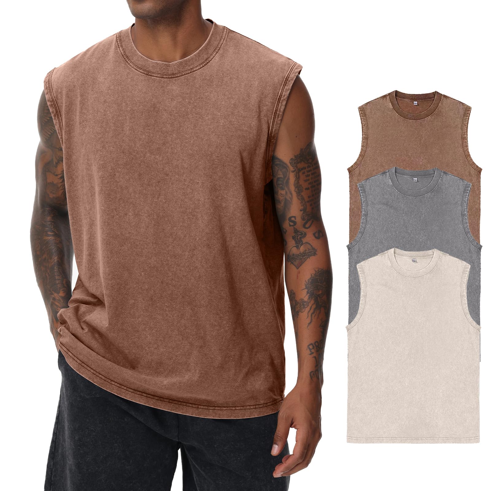 Herren Kurzarm Sommer Ärmelloses Shirt, Männer Fitness ärmellos Weste, Washed Sleeveless t-Shirt, Workout, Fitnessstudio, Baumwolle
