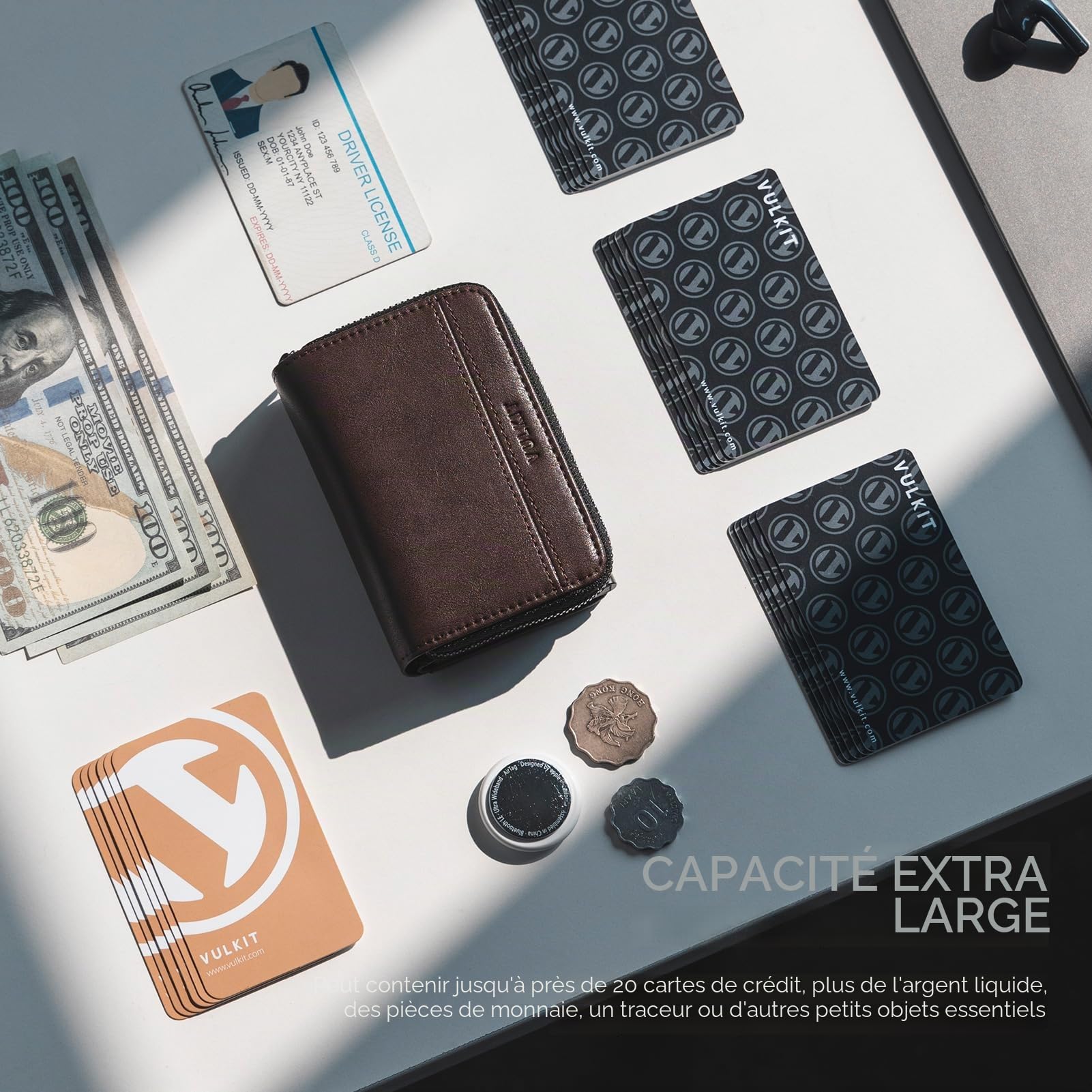 VULKIT Porte-cartes à grande capacité pour homme, blocage RFID, porte-monnaie métallique pop-up, espace pour 15+ cartes, compartiment pour billets, fenêtre pour pièce d'identité, poche à monnaie avec