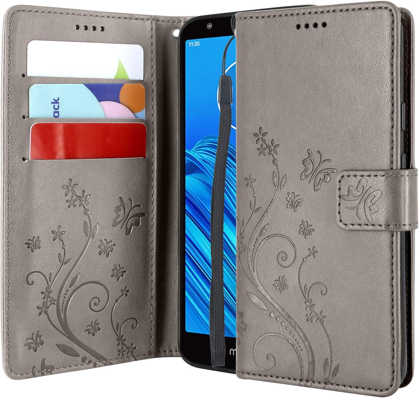 Lacass Floral Butterfly PU Leather Flip Wallet Case Cover Kickstand with Card Slots and Wrist Strap for Motorola Moto E6 2019 Case (Gray)