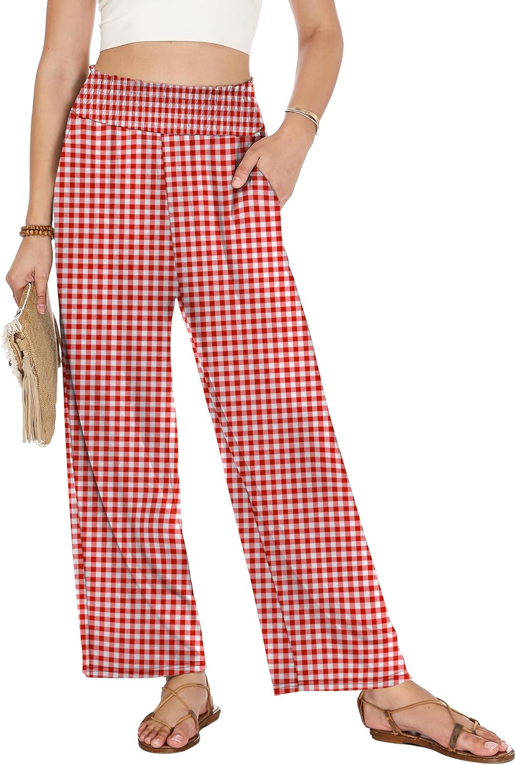 LOMON Palazzo Pants for Women Casual Wide Leg Flowy Pants Beach Vacation Clothes Elastic Waist Boho Trousers with Pockets - Image 5