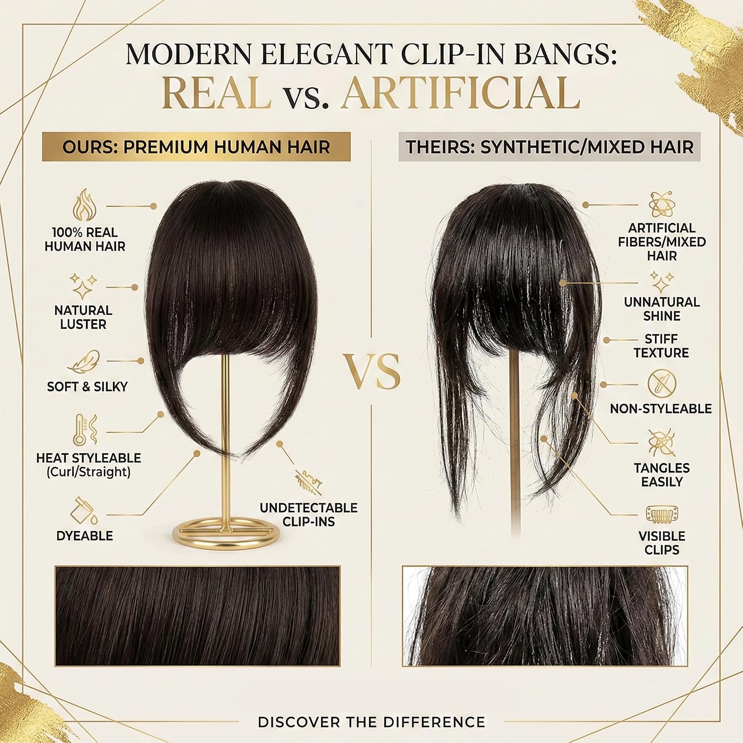 Natural Wispy Bangs Hair Clip, 100% Remy Human Wig, Soft Feathered Fringe with Temples for Instant Face-Framing, Easy Snap-On Hairpiece (Dark Brown)