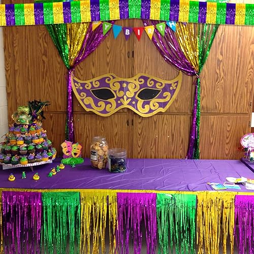Miniatura 4 de Paquete de 10 guirnaldas de flecos de papel de aluminio de Mardi Gras de 10 pies con borlas metálicas para colgar en la pared, telón de fondo para