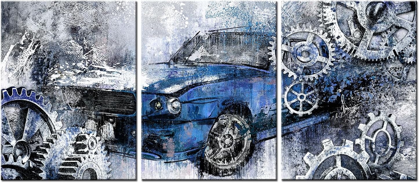 LevvArts 3 Piece Rustic Car Canvas Wall Art Old Car with Mechanical Gear Painting Poster Prints Cool Artwork for Man Cave Boys Bedroom Home Office Decoration (Blue, Small)