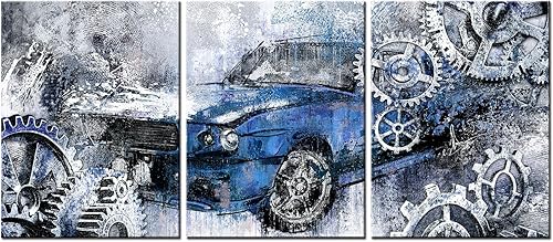 LevvArts Lienzo rústico de 3 piezas para pared, automóvil viejo con equipo mecánico, impresiones de póster, obras de arte geniales para hombre,