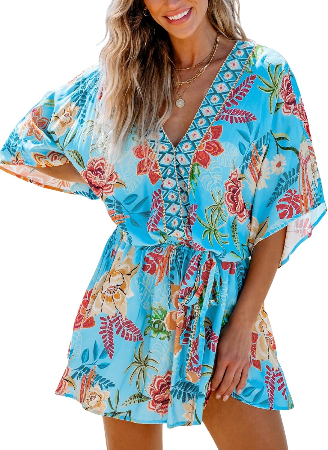 CUPSHE Women's Mini Dress V Neck Floral Half Dolman Sleeve Belted Loose Fit Short Summer Beach Dress