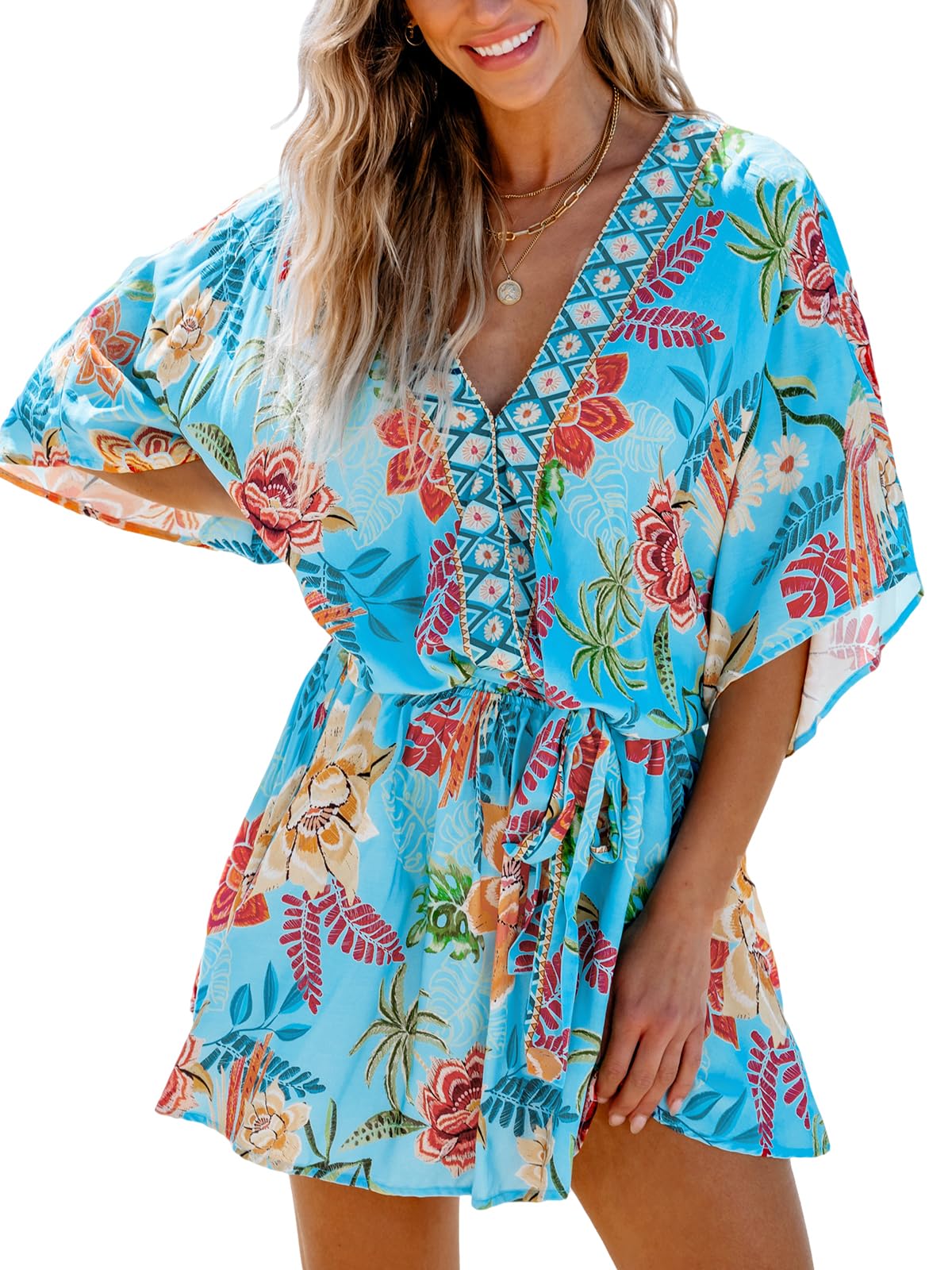 CUPSHE Women's Summer Dress V Neck Kimono Sleeves Cover Up Beach Dress Tropical Print Loose Fit Casual Dresses Summer Mini Dress