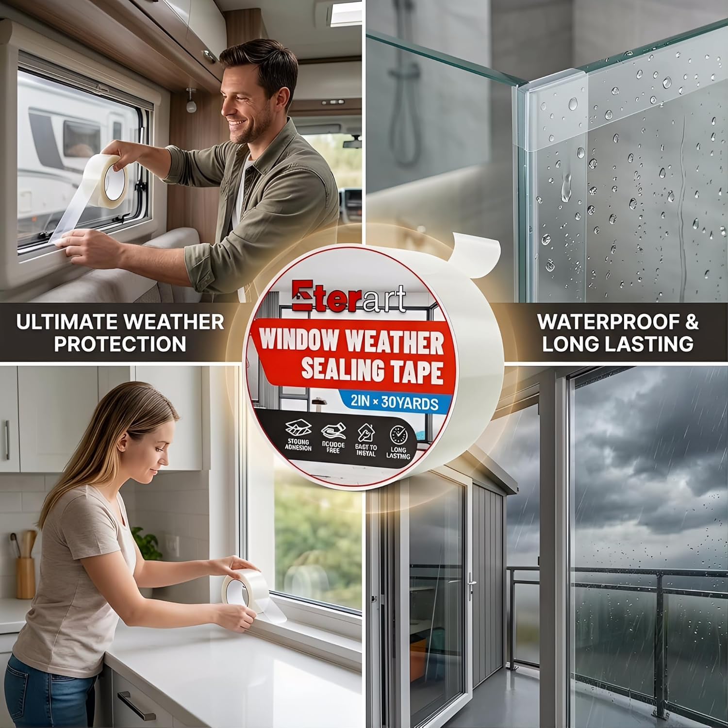 ETERART Transparent Weatherproof Seal Tape 2" x30Yds - Heavy Duty Waterproof Adhesive for Winter Drafts & Rain Leaks, No-Residue Weather Stripping for RVs, Windows, Doors & Renters