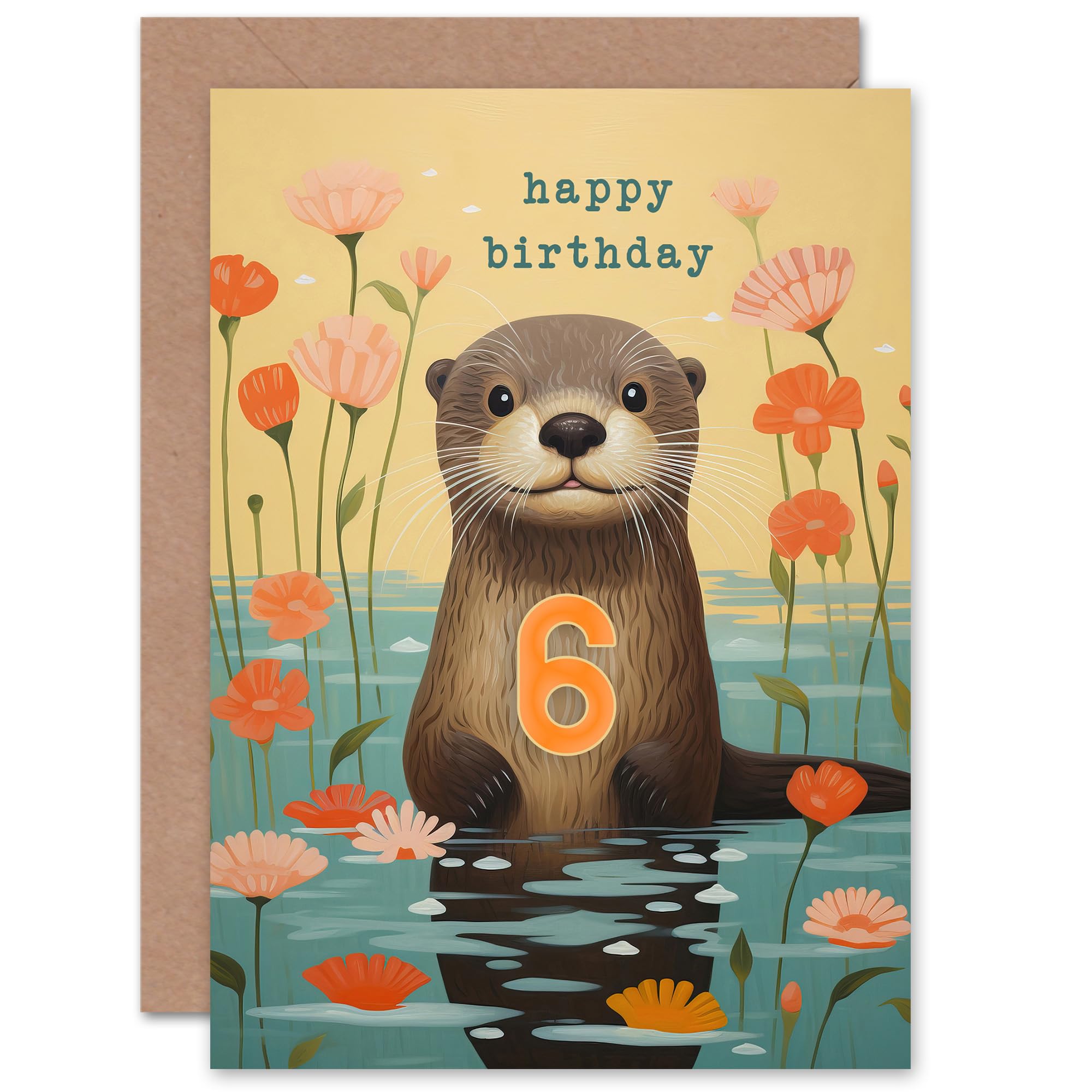 Artery8 Kids Birthday Age 6 Cute Otter Lake Flowers For Child Daughter Girl Blank Inside Greeting Card