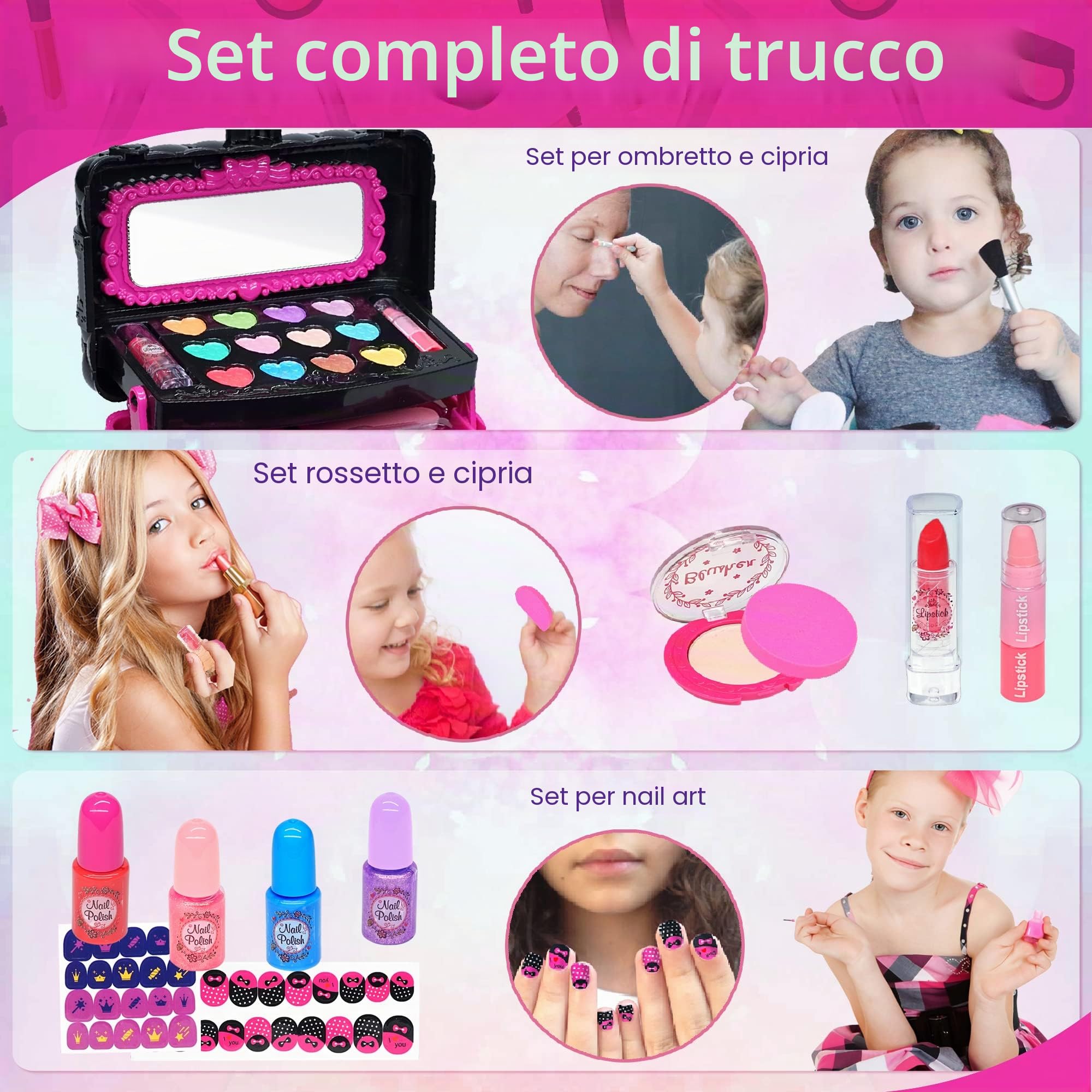 Valigetta Trucchi Bambina - Set Anallergico e Lavabile, Borsa Reale per Principessa, Regalo Compleanno 4-9 Anni (Rosa)