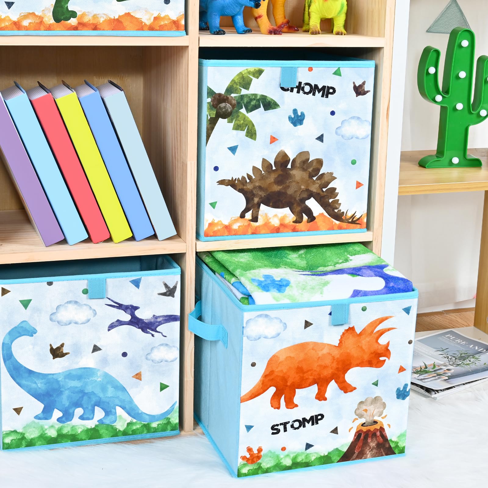 WERNNSAI Dinosaurier Aufbewahrungsbehälter - 4er-Pack Faltbare Aufbewahrungswürfel aus Stoff Organizer für Kinder Dekorative Aufbewahrungskörbe mit Griffen 28 cm Heimschrank Kinderzimmer Schlafzimmer
