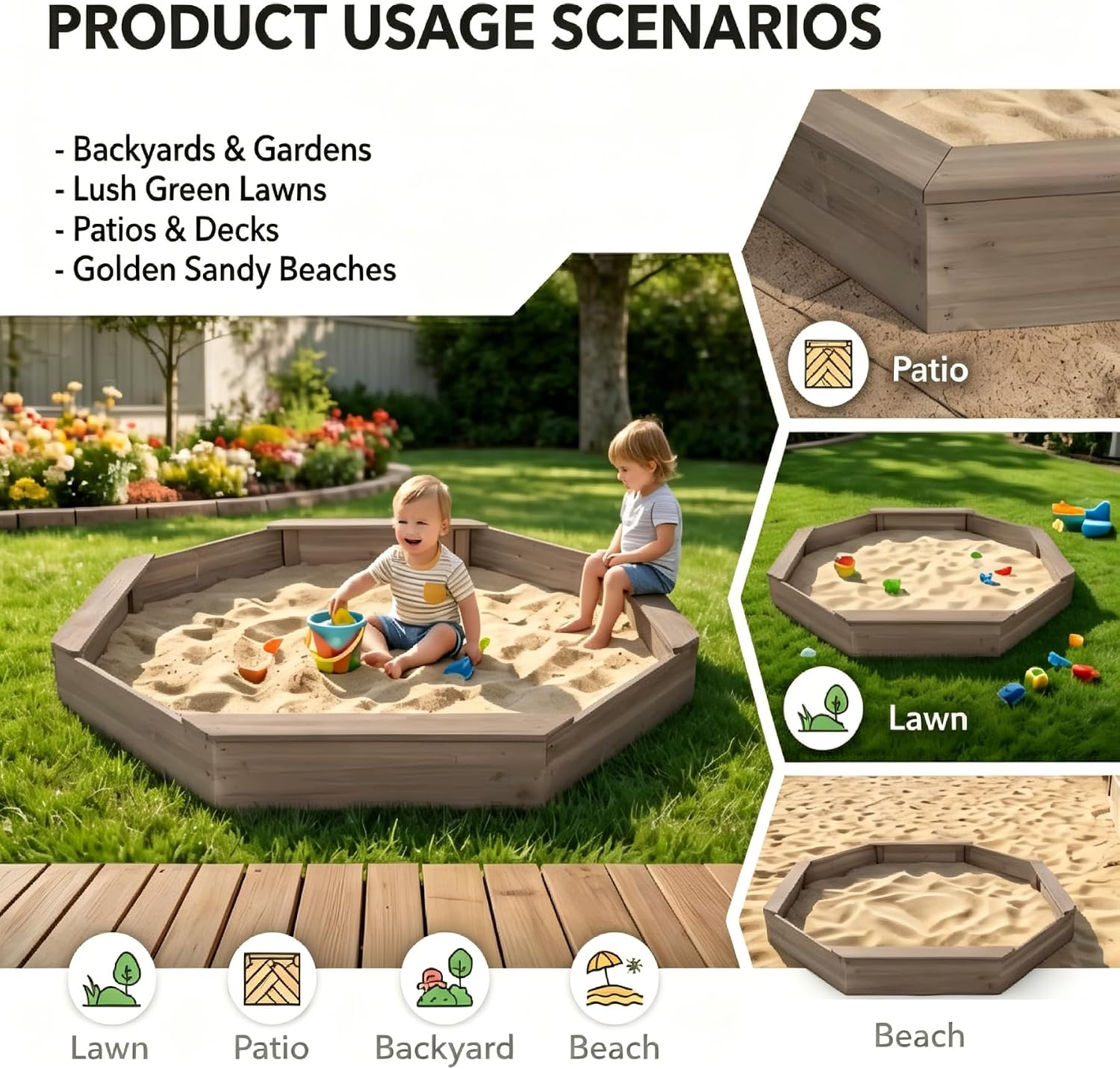 Outdoor Octagonal Wooden Sandbox for Kids Ages 3-10,Large Sandbox with Oxford Fabric Cover,Big Wood Sand Pit with 4 Benches,Quick Assembly for Backyard,Patio Play (Coffee, Octagon - Large)