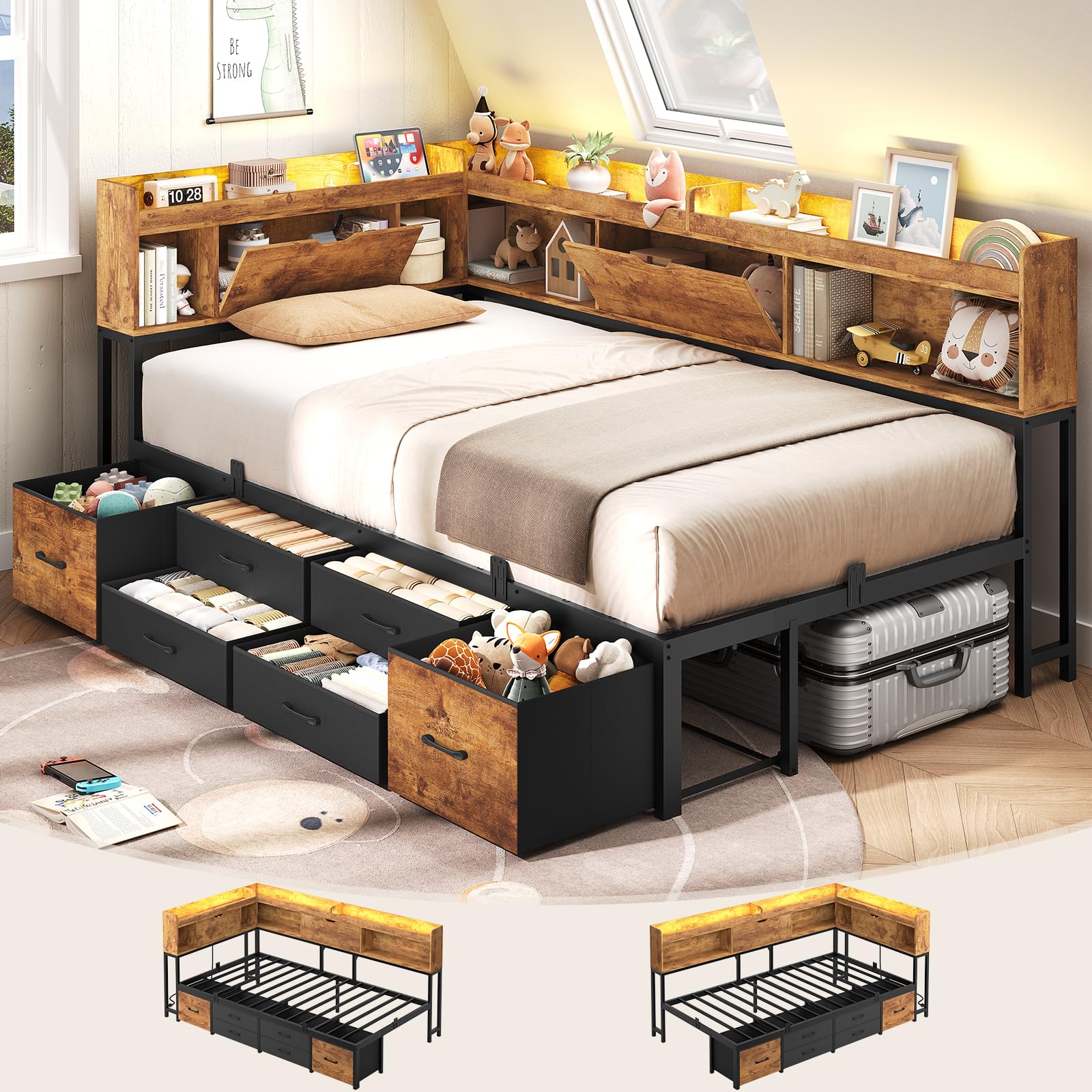 AOGLLATI Twin Corner Bed Frame with Bookcase