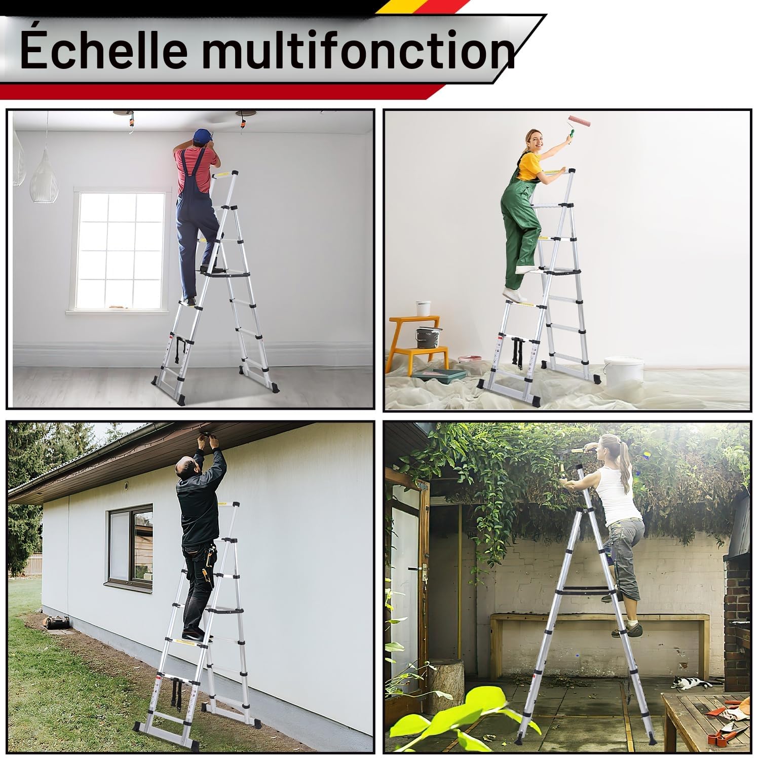 Échelle télescopique Pliante - 1,7 m + 2,0 m - en Aluminium - Cadre A - 5 + 6 échelons - Antidérapante - Charge maximale : 150 kg