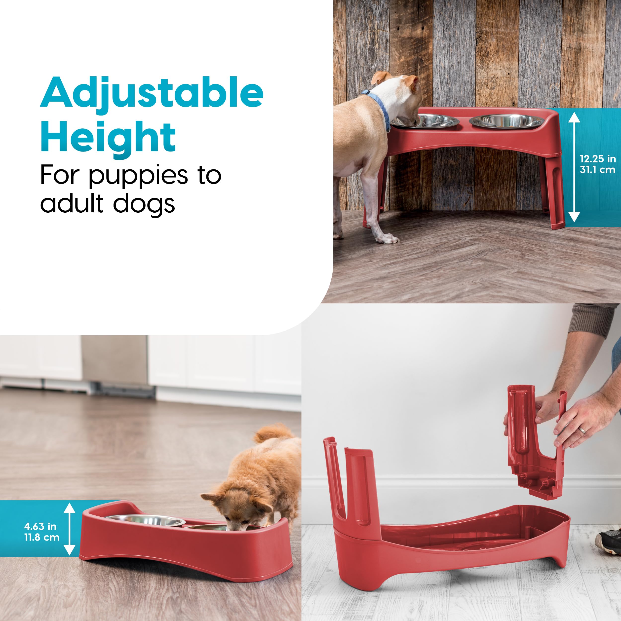 IRIS Gamelles surélevées pour Chien USA - Hauteur réglable - 2 gamelles épaisses en Acier Inoxydable de 1,8 l - Anti-déversement avec Bord extérieur surélevé - Fabriqué aux États-Unis - Plastique