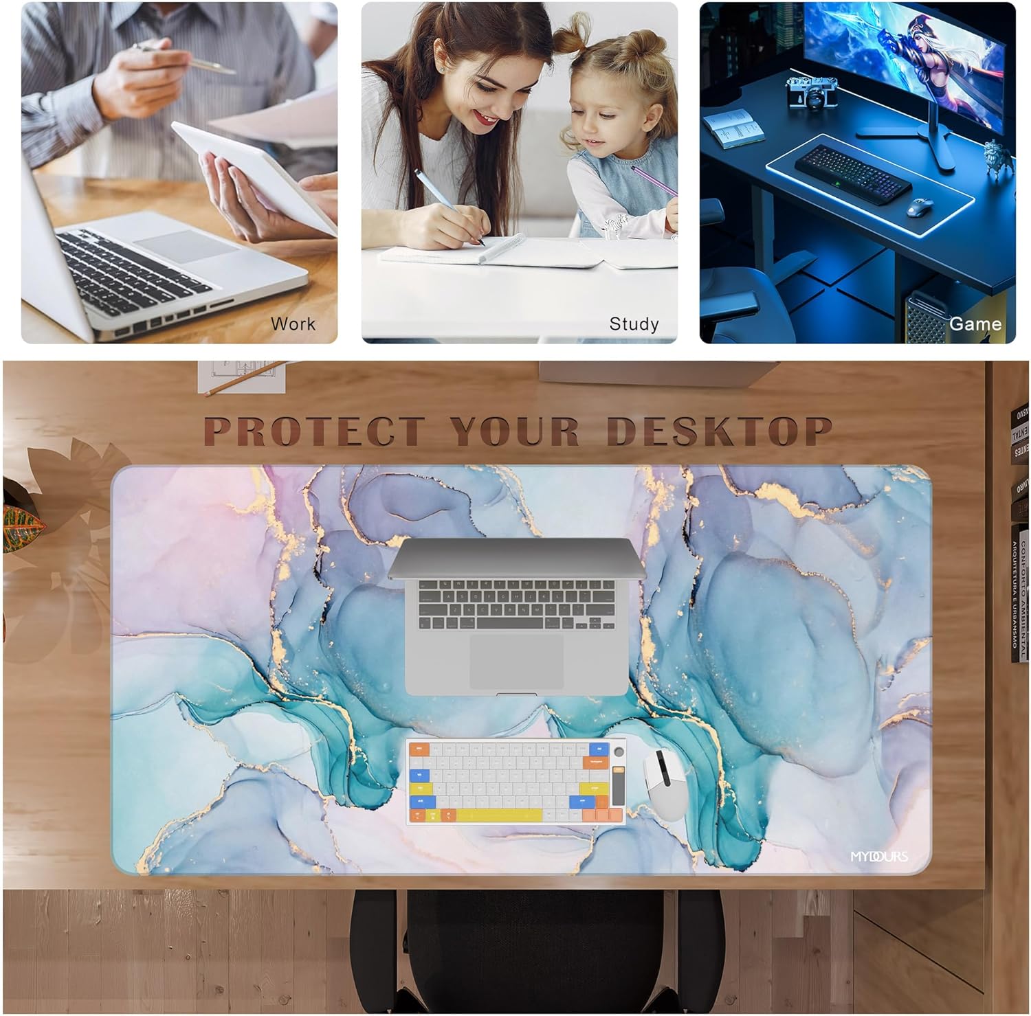 Mydours 48" x 24" Large Gaming Mouse Pad, Extended Desk Pad for Keyboard and Mouse with Non-Slip Rubber Base, Stitched Edges Computer Mouse Mat, Office Desk Mat Mousepad for Desktop & Laptop, Marble - Image 5