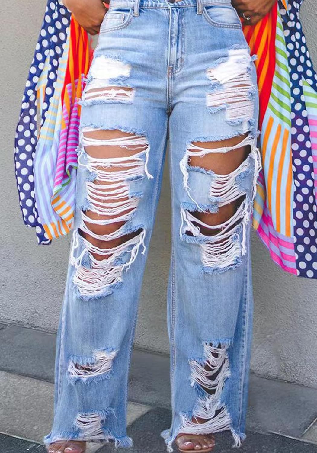 Ptorlio Women's Ripped Jeans Y2k Straight Wide Leg High Waisted Jean Distressed Baggy Denim Pants - Image 4