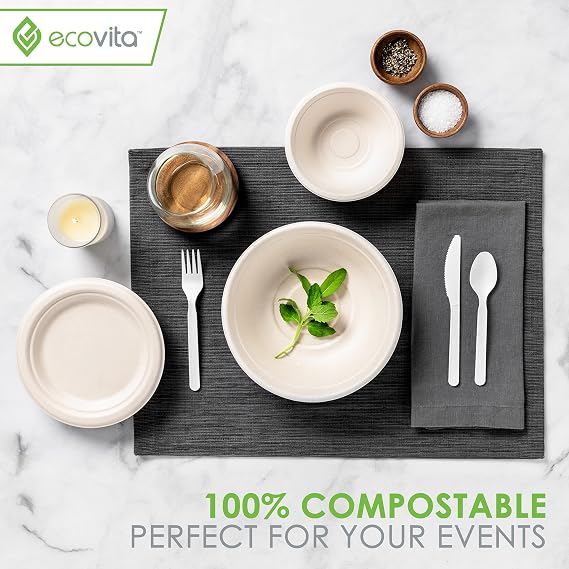 Ecovita 100% Compostable Paper Bowls [12 oz.] 150 Disposable Bowls Eco Friendly Sturdy Tree Free Liquid and Heat Resistant Alternative to Plastic or Paper Bowls
