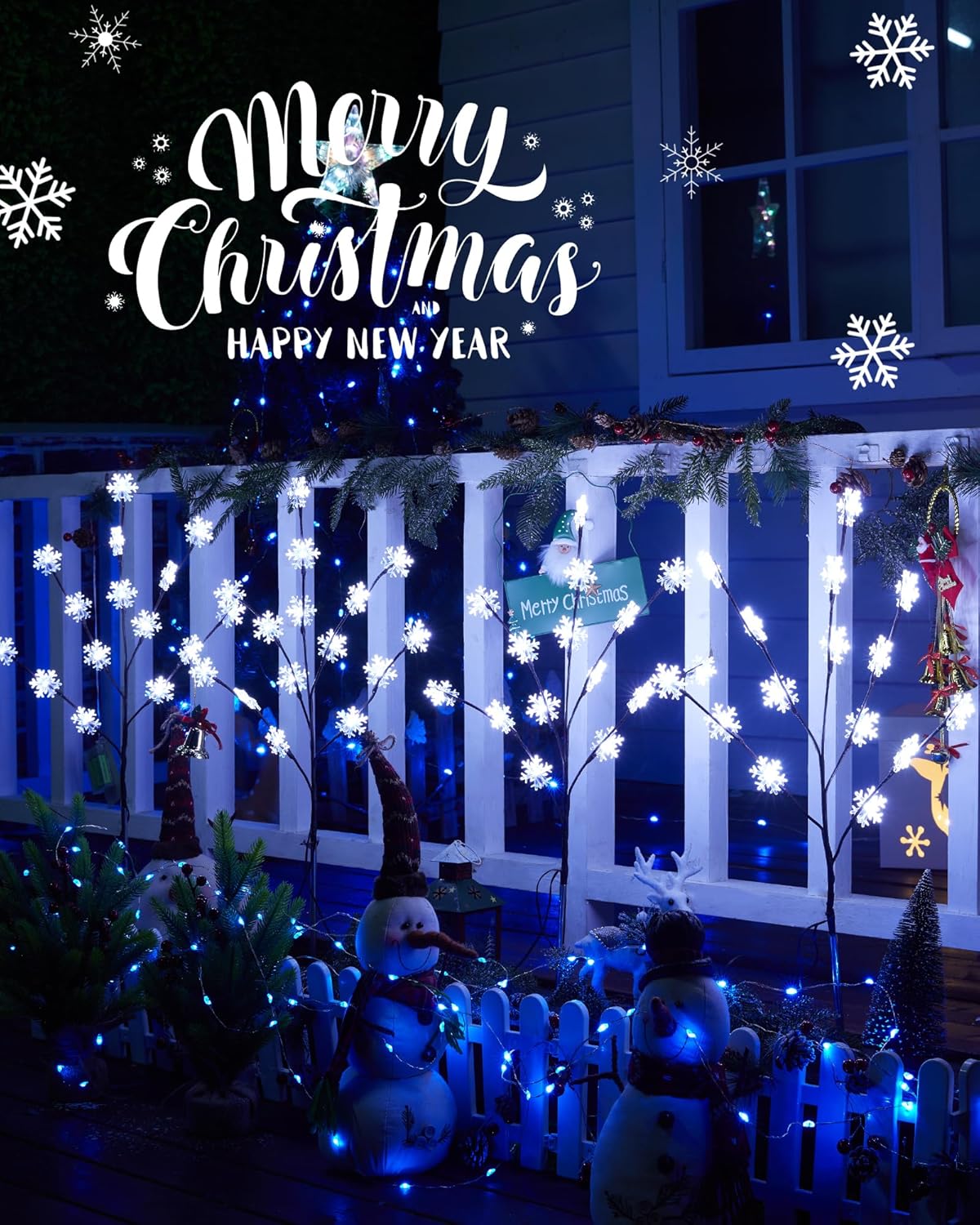 Condition photo showing New/Like New for brightown snowflake lights outdoor pathway, 4 packs lighted branches christmas yard decor, small christmas tree with lights, twig branch light outdoor christmas decorations yard, white