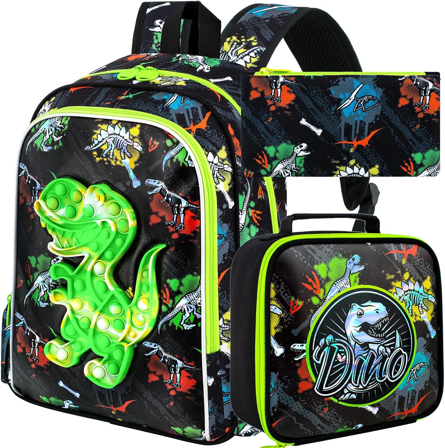 AGSDON 3PCS Dinosaur Backpack for Boys, 16" Kids Backpacks Water Resistant with Lunch Box, Bookbag for Elementary Preschool