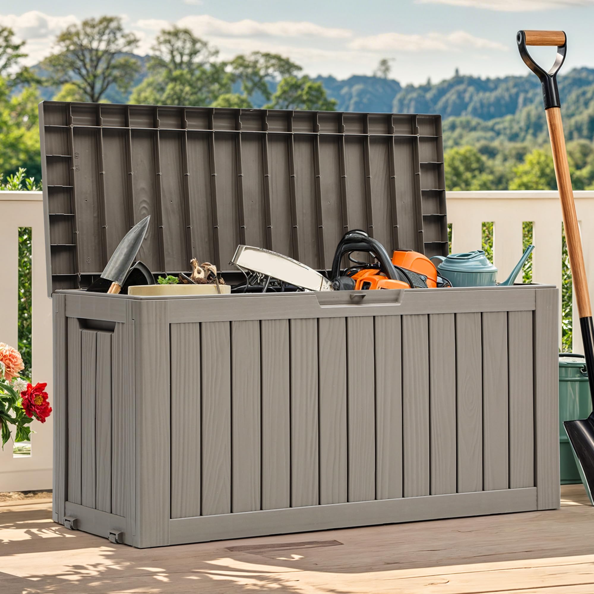 YITAHOME Outdoor-Aufbewahrungsbox mit Rollen, 270L Kunststoff-Gartenbox, Wetterfeste Aufbewahrungskiste für Kissen, Werkzeug & Poolzubehör, Abschließbar, Holzoptik, 114,7 x 46,5 x 57,6 cm, Hellbraun