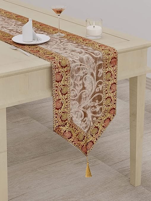 E -Ezra Silk Table Runner Banarasi Brocade Decorative Runners Tassels End Tablecloth 14 x 72 / Ari Zari Embroidered (Brown)