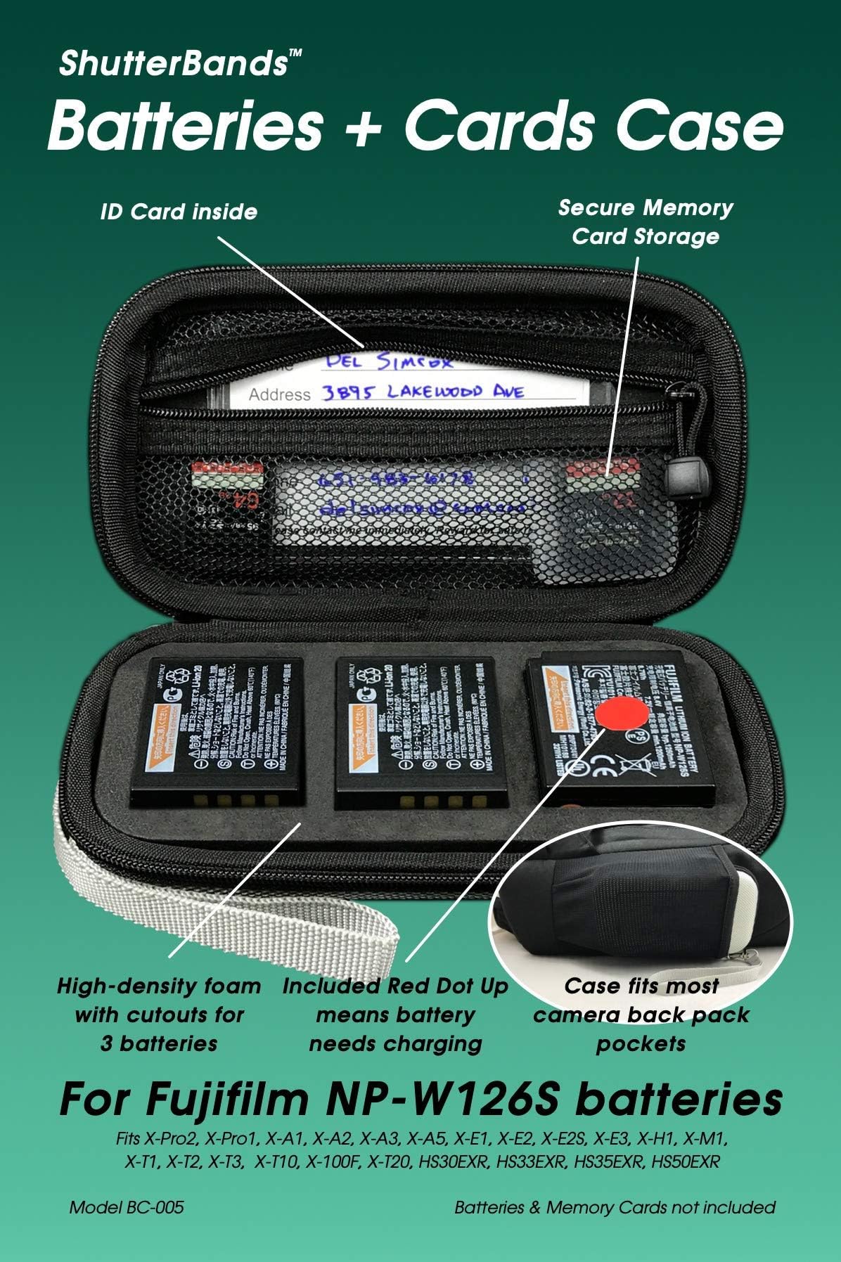 Batteries + Cards Case for FujiFilm NP-W126S Battery (Fits X-Pro2, X-Pro1, X-A1, X-A2, X-A3, X-A5, X-E1, X-E2, X-E3, X-H1, X-M1, X-T1, X-T2, X-T3, X-T10, X-100F, X-T20, HS30, HS33, HS35, HS50)