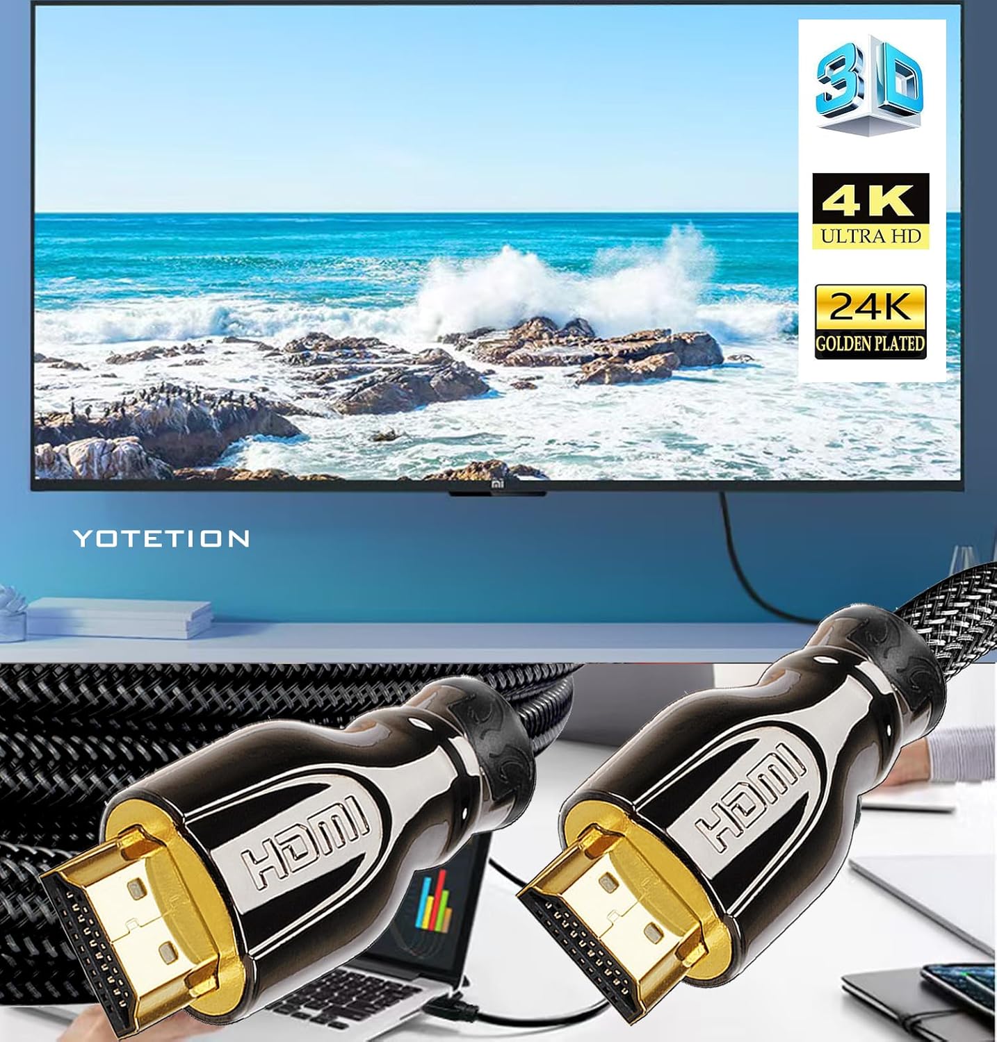 4K HDMI Cable 30FT ，Braided High Speed HDMI Cord with Ethernet Support 4K 60Hz 2160P 1080P 3D ARC Compatible with UHD TV Monitor Computer Xbox 360 PS5 PS4 Blu-ray and More (Gun Black)