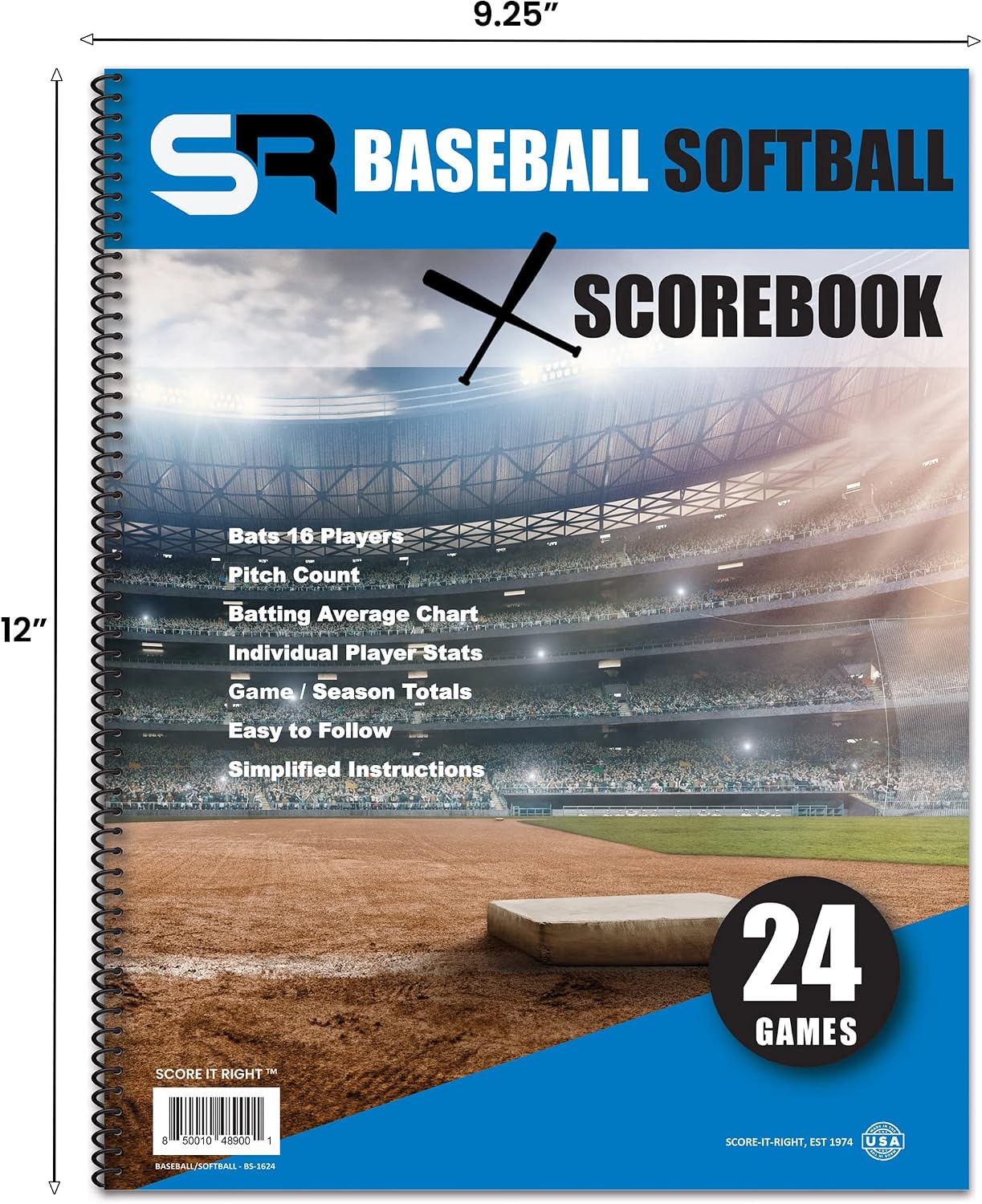 Score It Right Little Blue Baseball/Softball Scorebook – Premium Score Keeping Book – 16 Player - 24 Game Scorebook with Pitch Count, Individual Player Stats, Batting Average Chart - 9.25" x 12"