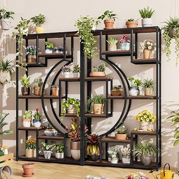 HolliWill 70.8" Tall Bookshelf Set of 2, 79" Wide Geometric Display Shelf with 18 Open Storage Shelves, Etagere Bookcase with Metal Frame Anti-Tip & Adjustable Feet, Rustic Brown