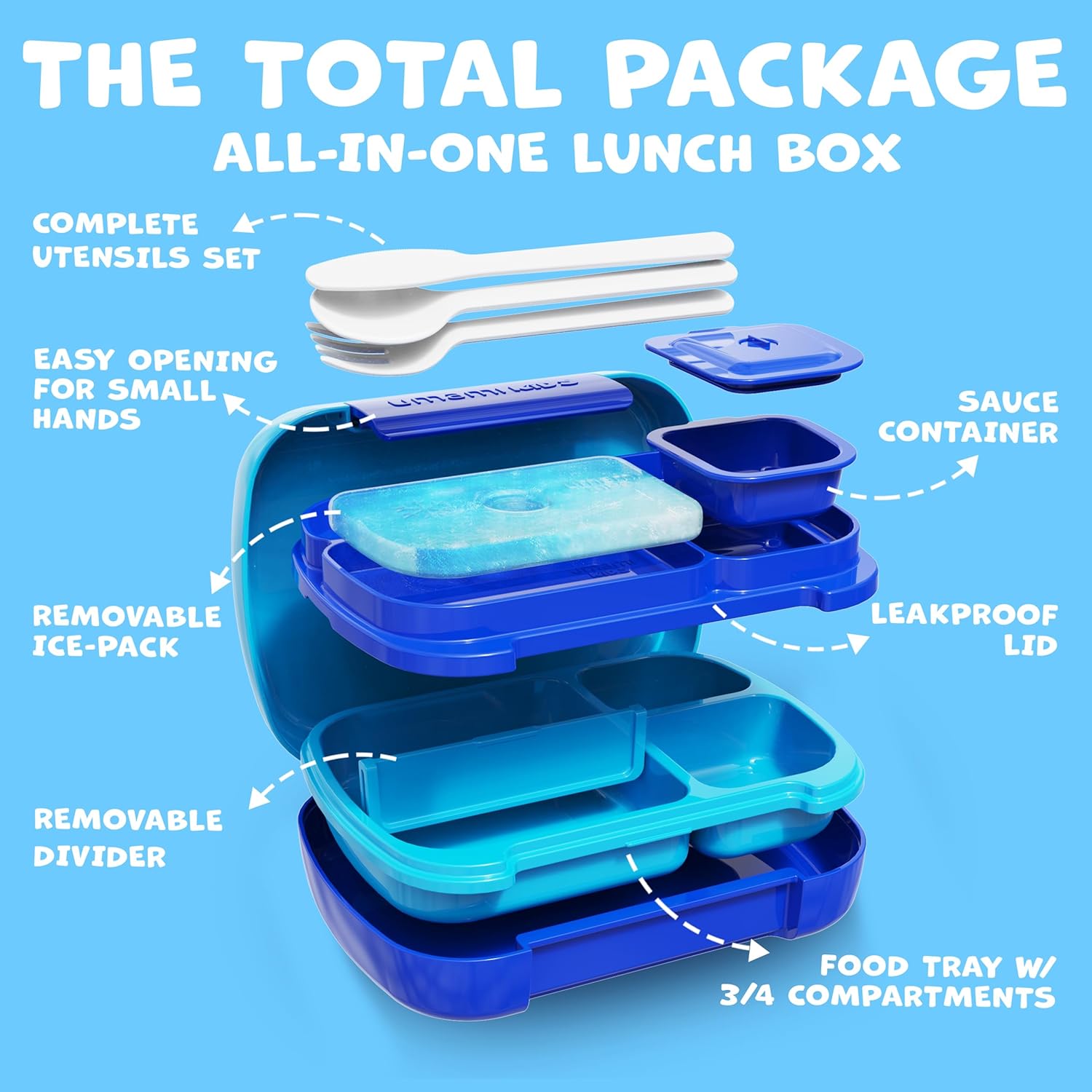 Umami All-in-1 Bento Box for Kids, Ice-pack & Utensils Included, 100% Leakproof & BPA free, Parents' favorite Lunch Box Kids (Ocean Blue, 23 oz) - Image 3