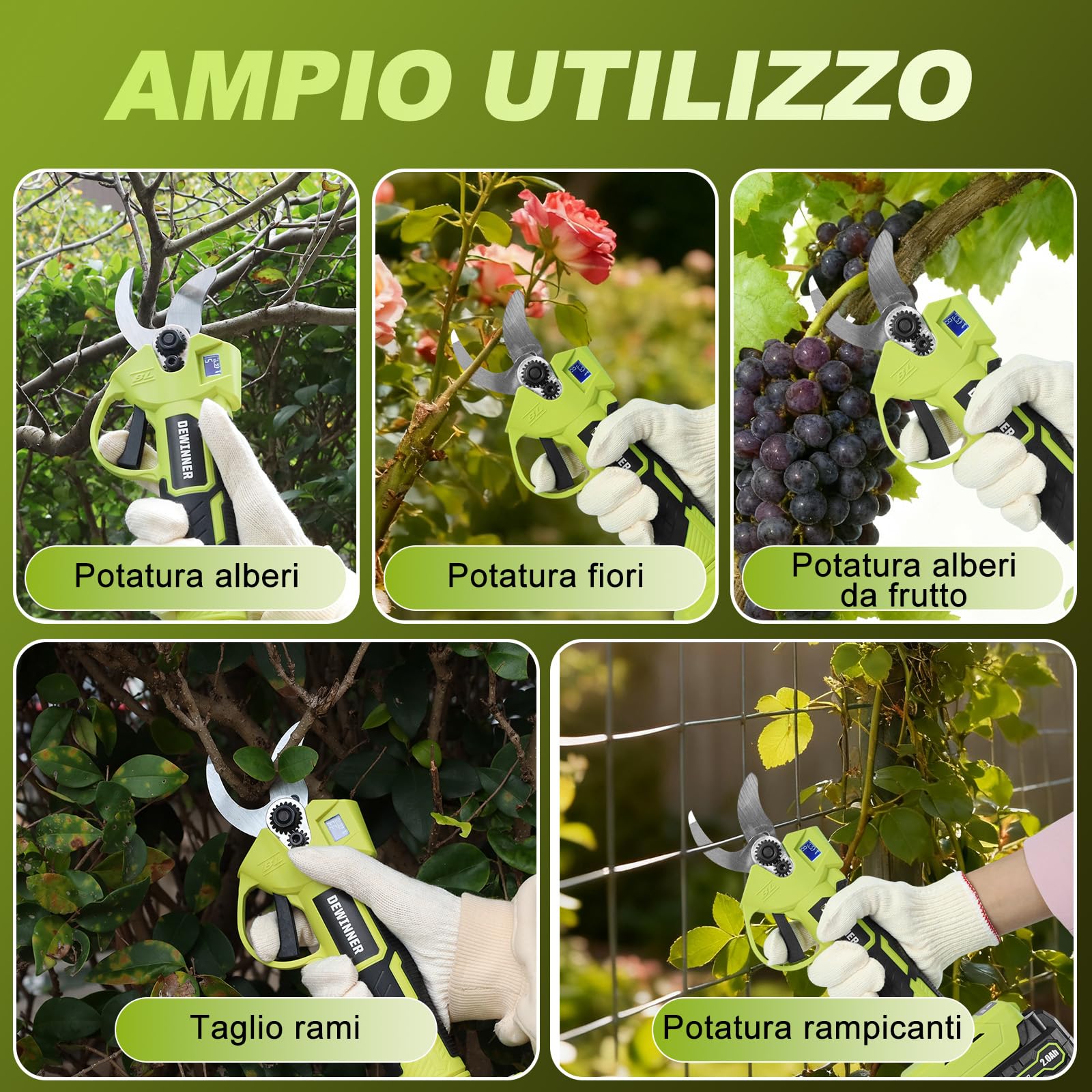 DEWINNER Forbici Potatura a Batteria Brushless 200W, Lama SK5, LCD Display, 2x2000mAh Batterie, 25mm Diametro Regolabile, Cesoie Elettriche Senza Fili per Alberi, Fiori, Frutteti, Giardino