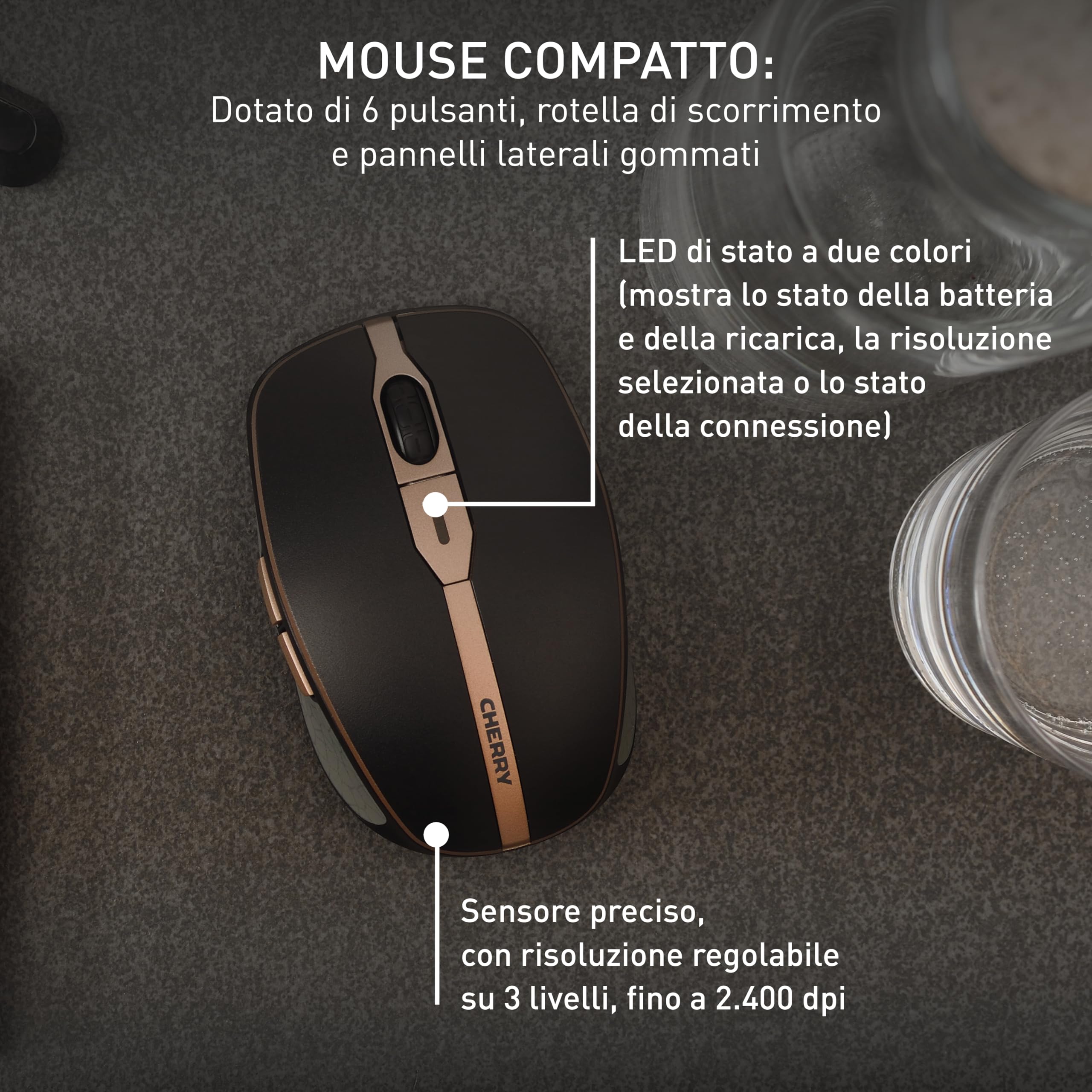 CHERRY DW 9100 SLIM, Set di Tastiera e Mouse Senza Fili, Layout per la Germania (QWERTZ), Connessione Bluetooth e Wireless 2,4 GHz, Tasti Silenziosi, Ricaricabile, Nero-Bronzo
