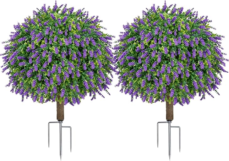 24.7" Artificial Boxwood Topiary Ball Trees with Lavender | Set of 2 Fake Evergreen Shrubs with Metal Ground Spikes, UV Resistant Fake Plants for Outdoor Front Porch Patio Decor